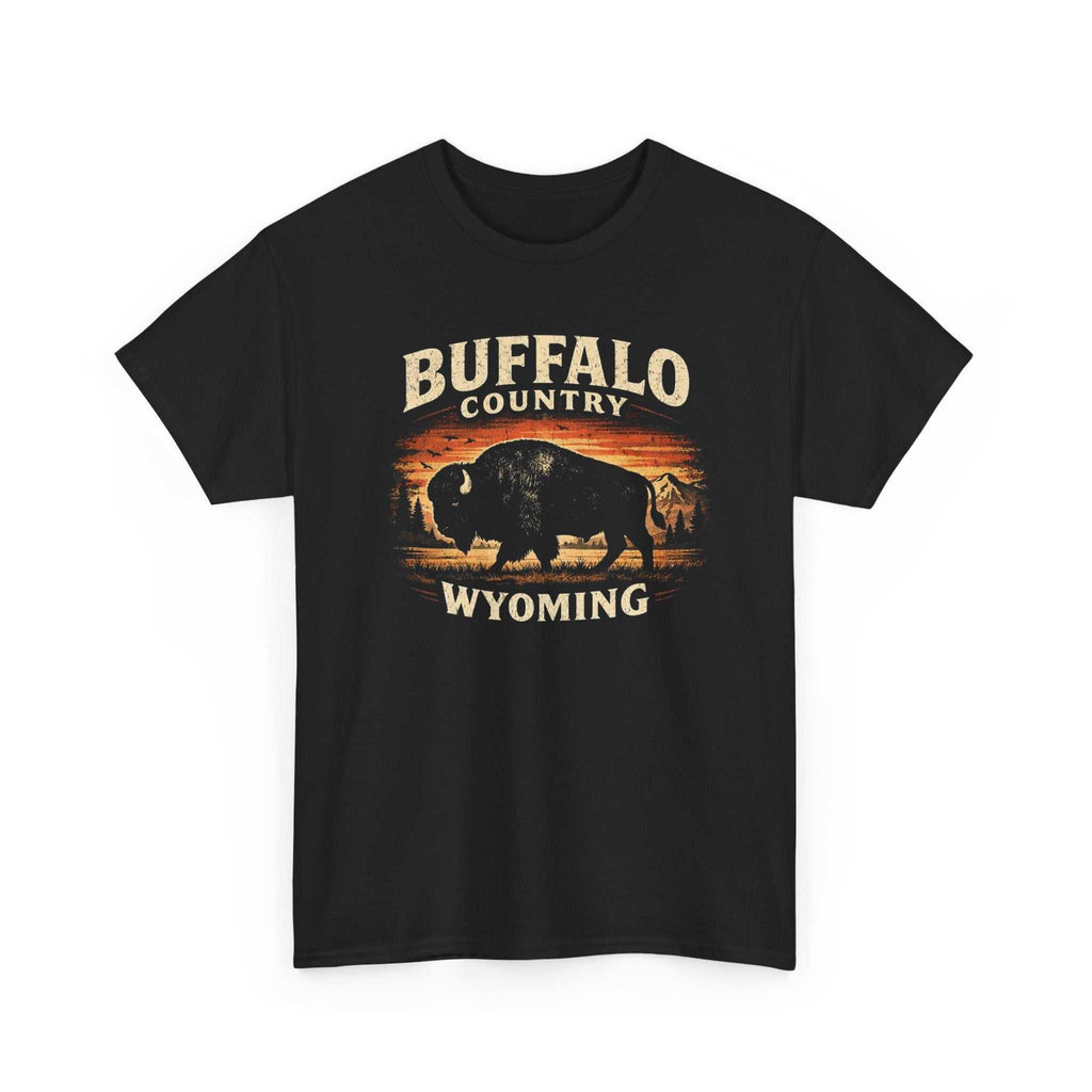 Big Sky Ranch Co. Buffalo Country Wyoming T-Shirt featuring a scenic buffalo design on soft cotton fabric.