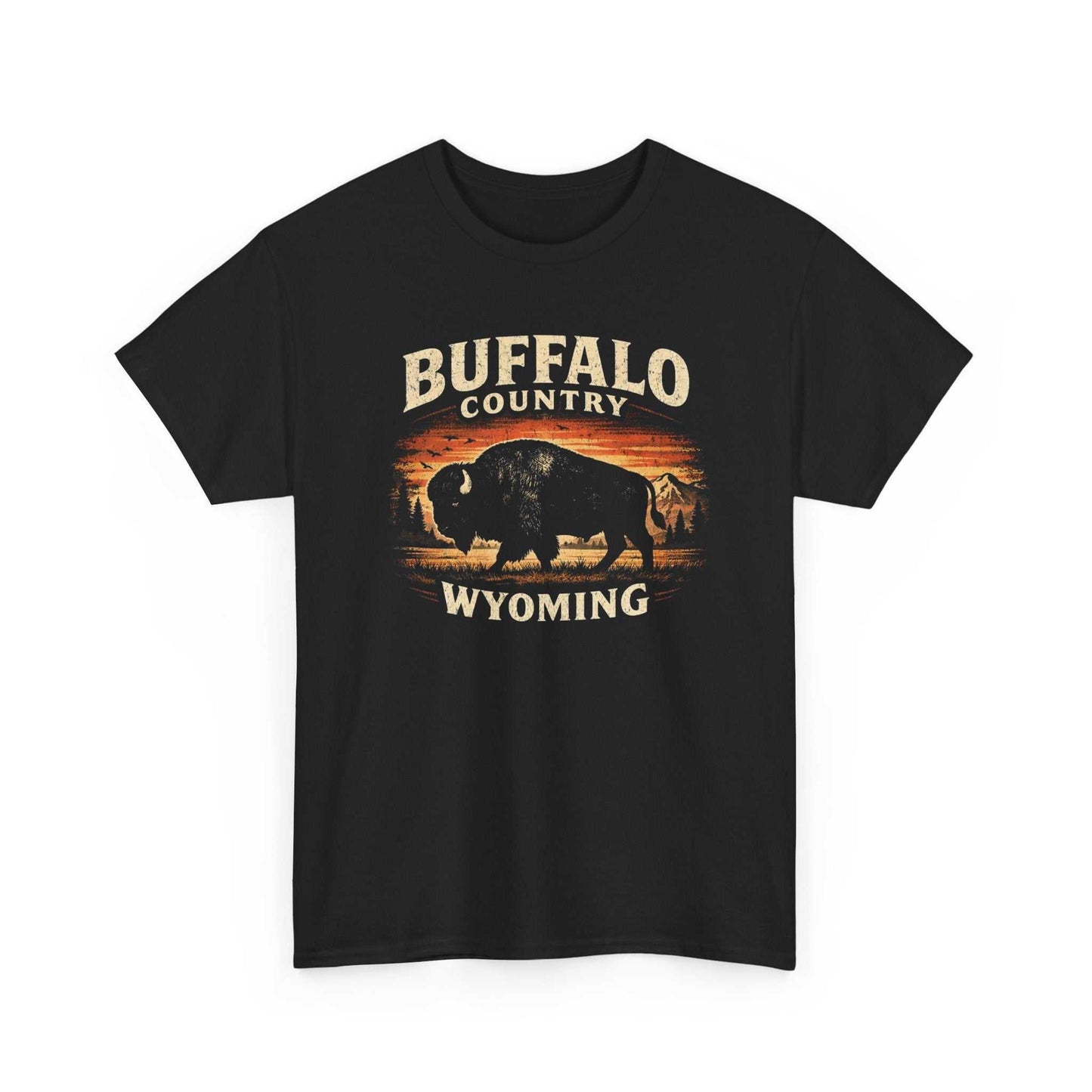 Big Sky Ranch Co. Buffalo Country Wyoming T-Shirt featuring a scenic buffalo design on soft cotton fabric.