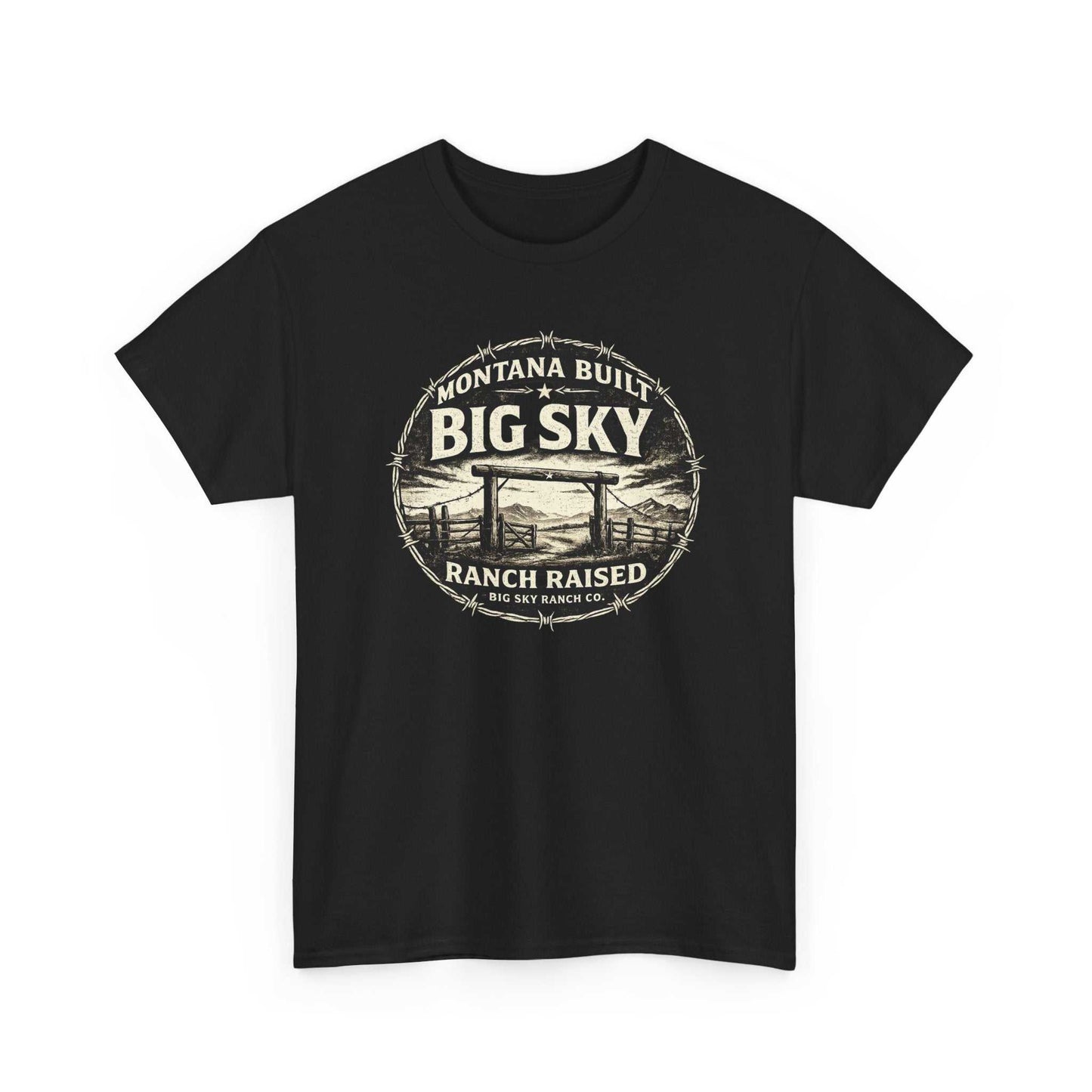Big Sky Ranch Co. T-shirt featuring "Montana Built, Ranch Raised" graphic with cowboy and ranch imagery.