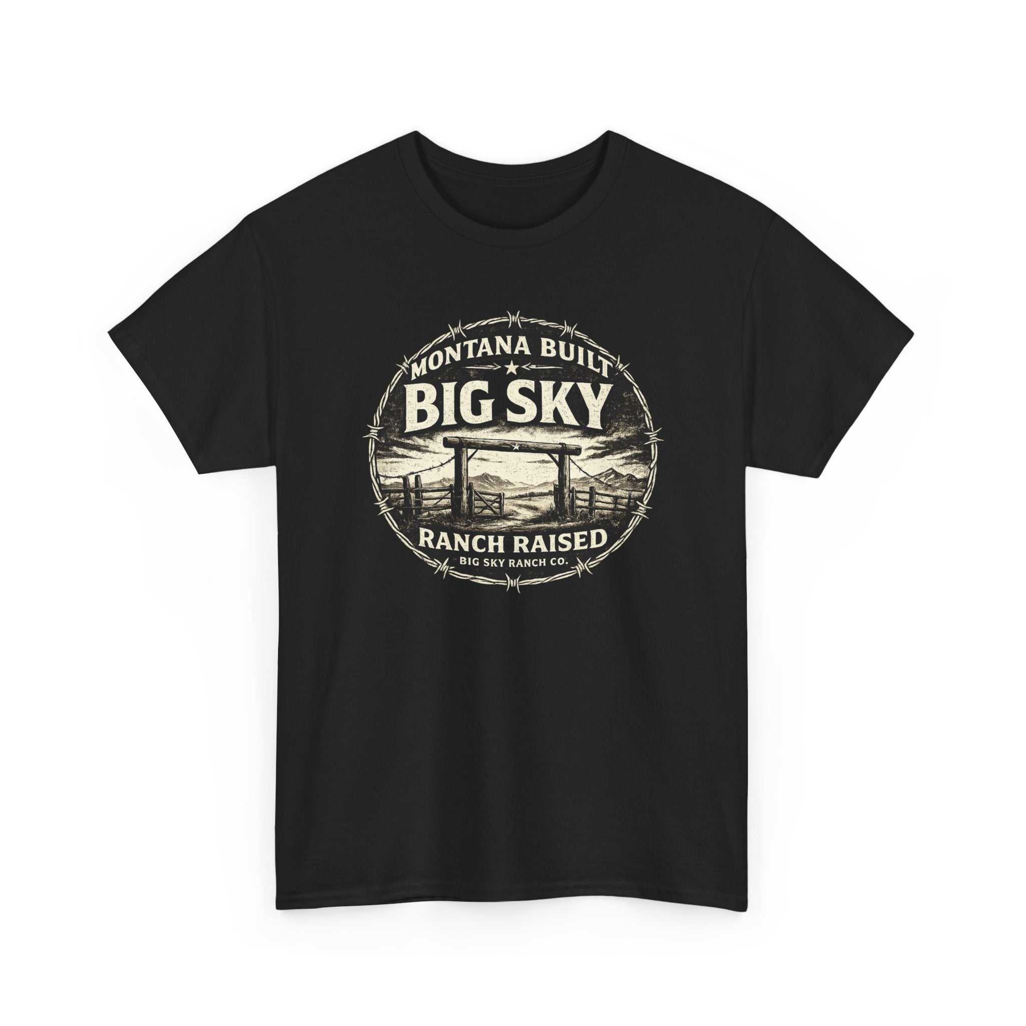 Big Sky Ranch Co. T-shirt featuring "Montana Built, Ranch Raised" graphic with cowboy and ranch imagery.