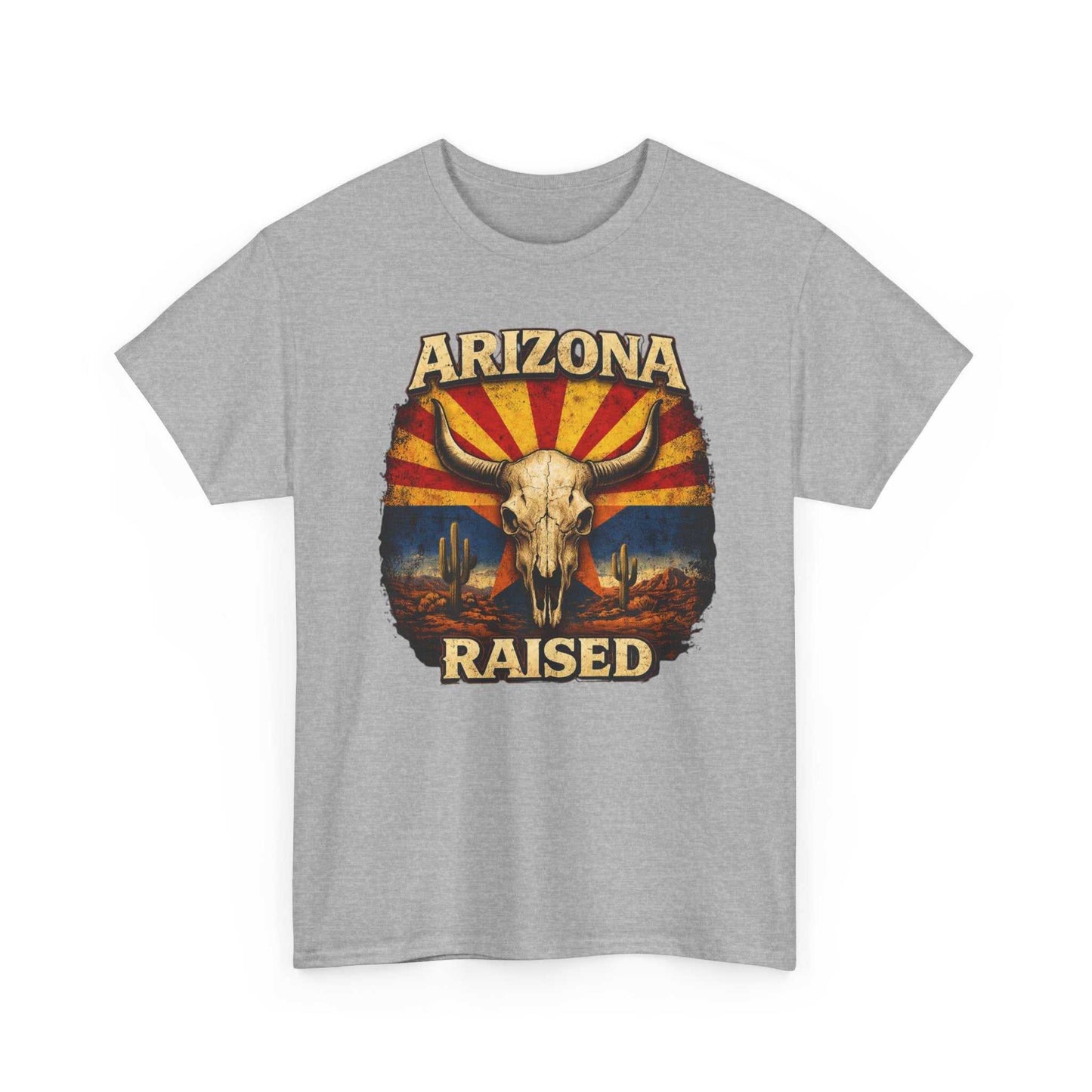 Arizona Raised T-Shirt by Big Sky Ranch Co. featuring a desert skull and retro flag design on a casual tee.
