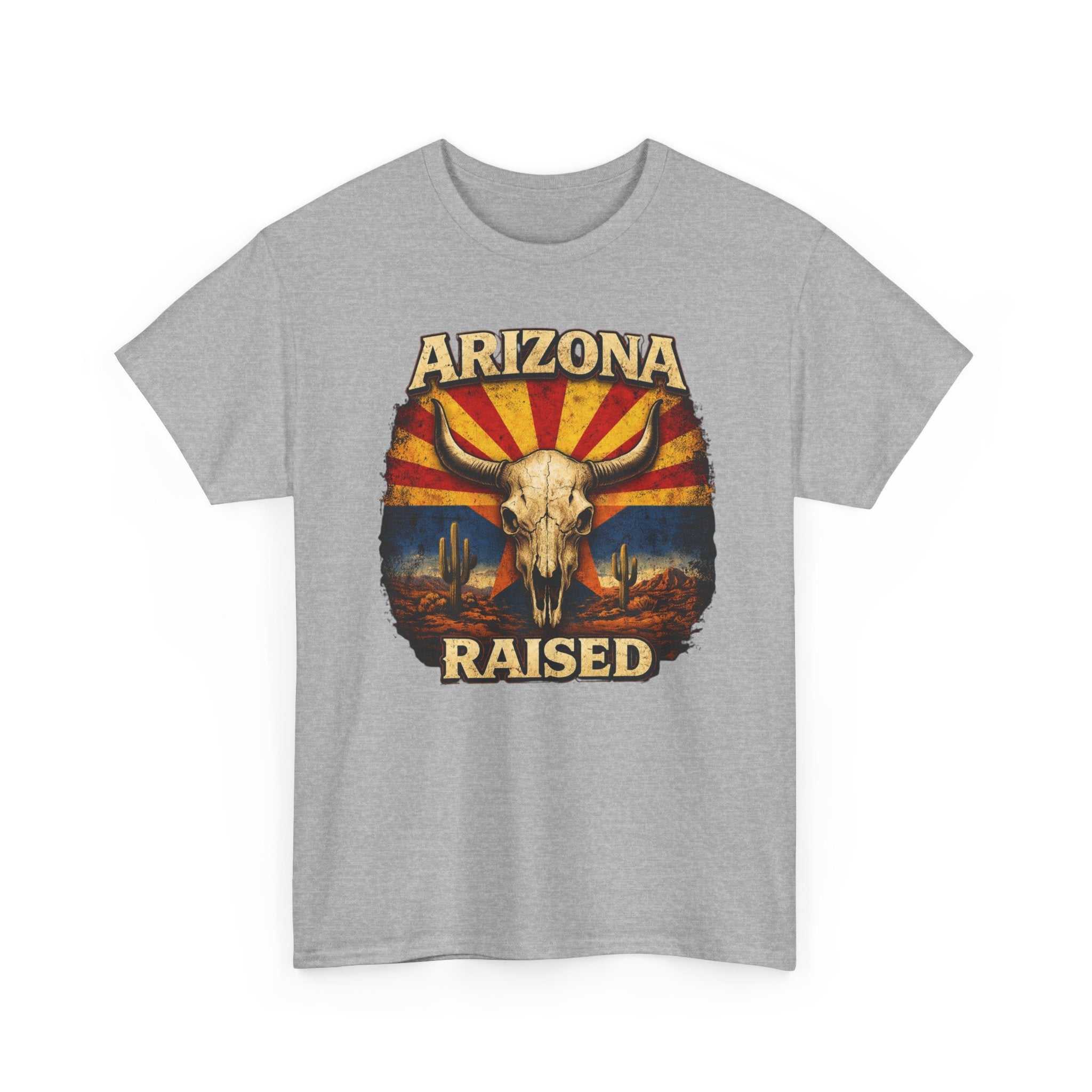 Arizona Raised T-Shirt by Big Sky Ranch Co. featuring a desert skull and retro flag design on a casual tee.
