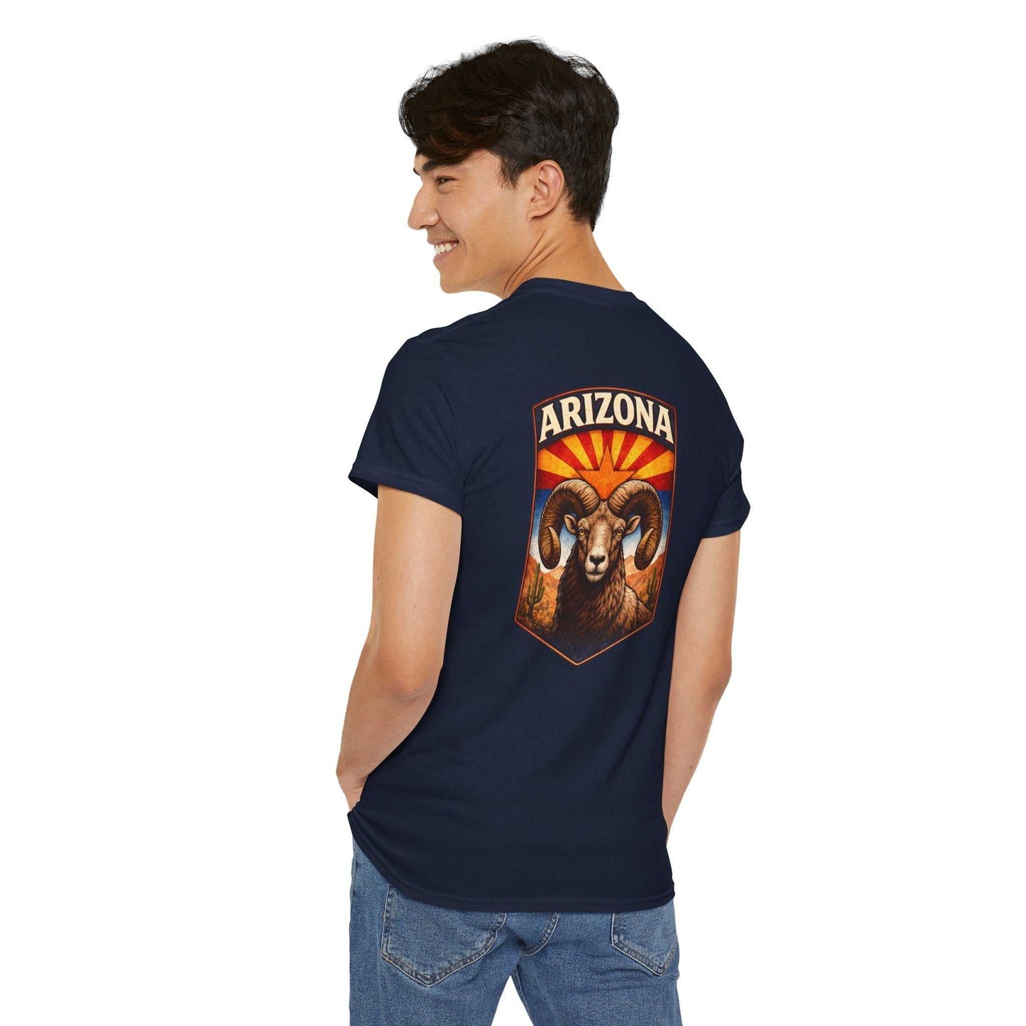 Big Sky Ranch Co. Arizona Desert Bighorn Ram T-Shirt with retro state badge design, showcasing a detailed ram illustration.