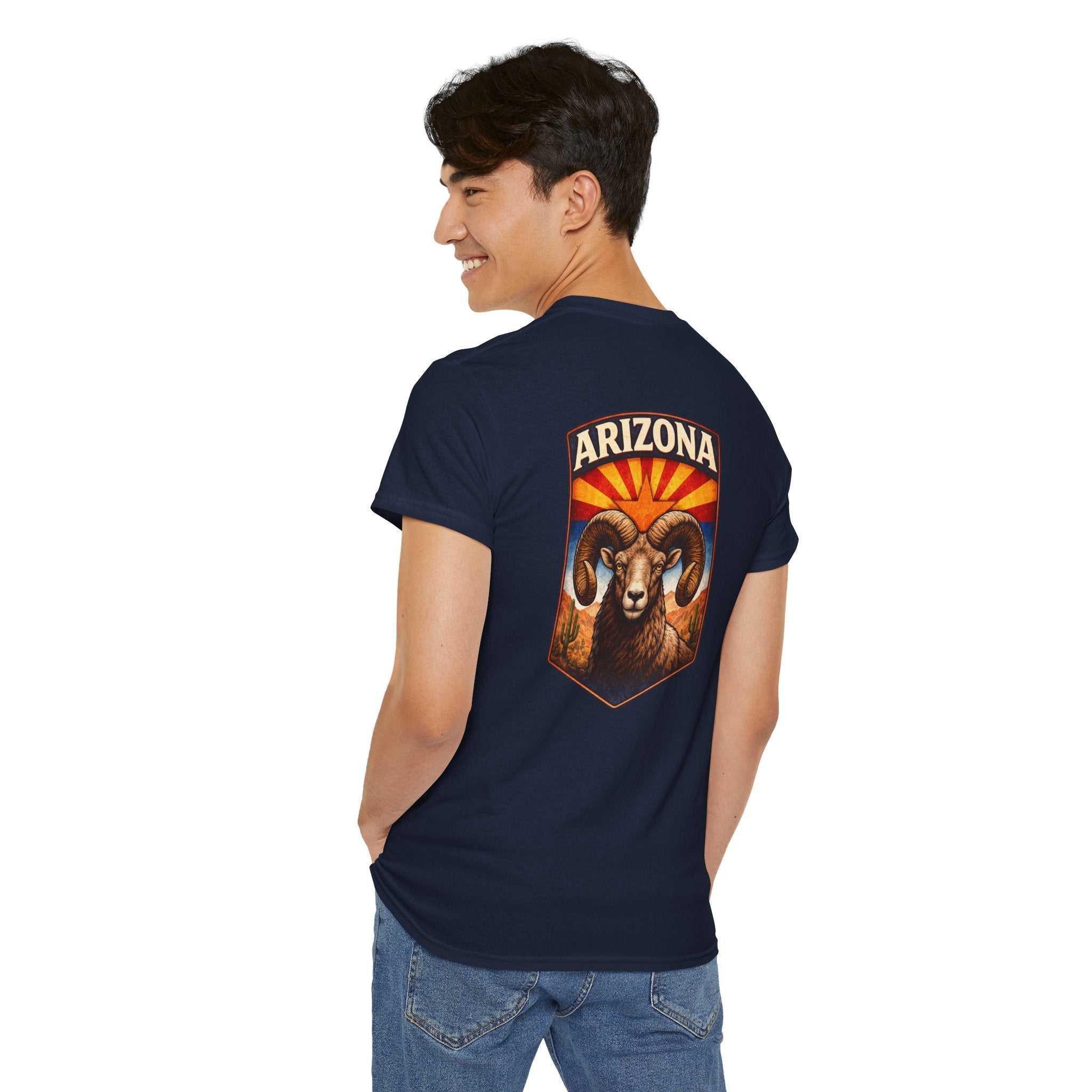 Big Sky Ranch Co. Arizona Desert Bighorn Ram T-Shirt with retro state badge design, showcasing a detailed ram illustration.