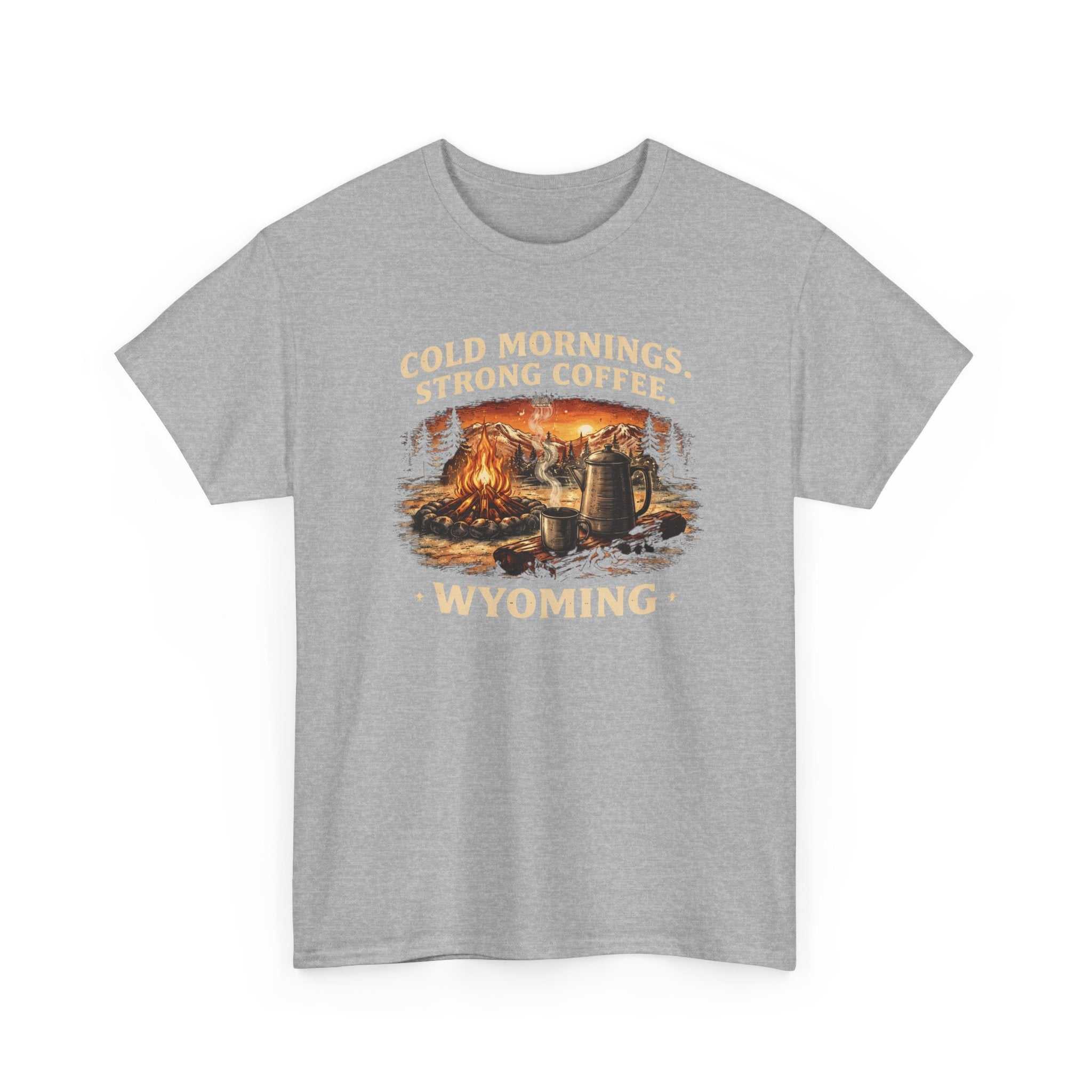 Wyoming Campfire T-Shirt by Big Sky Ranch Co. featuring outdoor graphic design with "Cold Mornings, Strong Coffee" slogan.