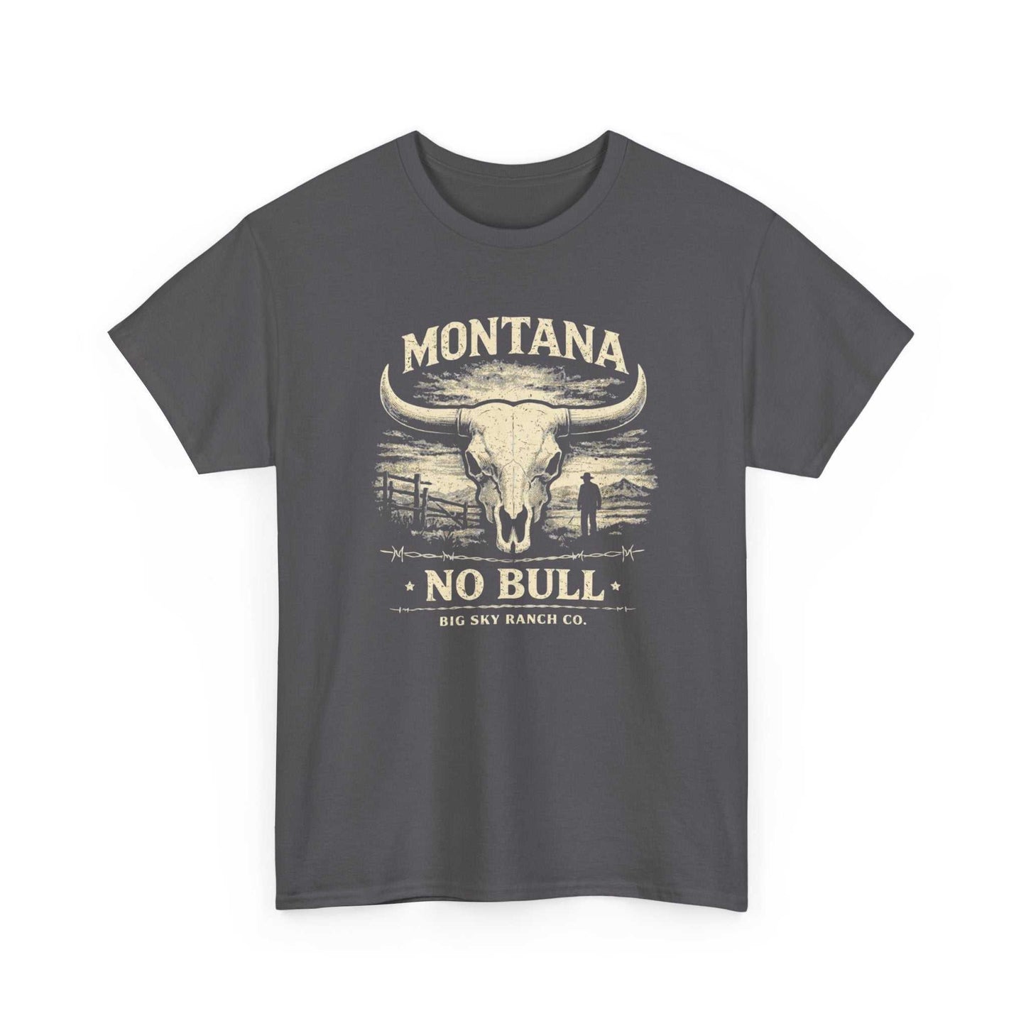 Big Sky Ranch Co. Montana No Bull Western Longhorn Ranch T-Shirt with a cowboy theme and longhorn graphic in natural colors.