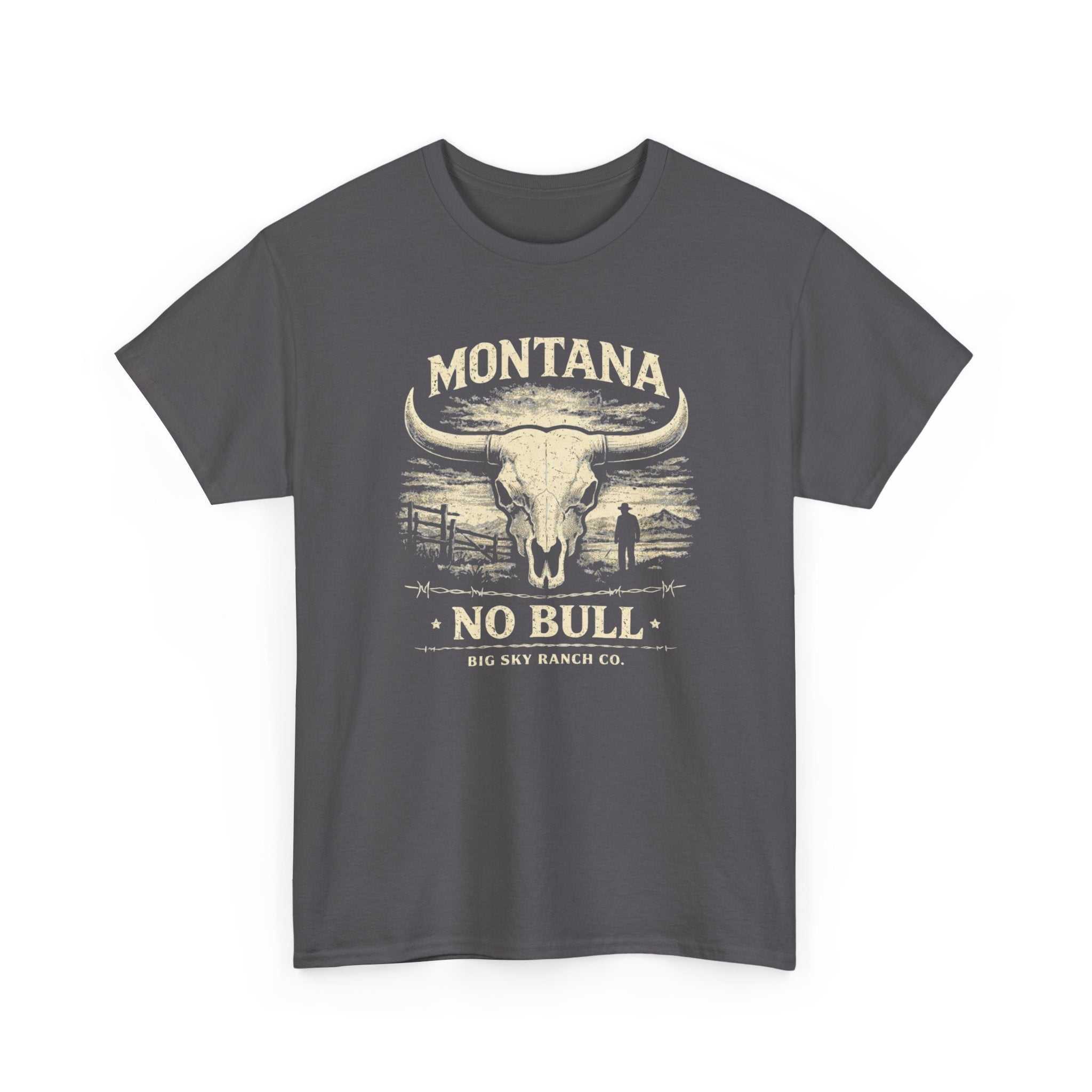 Big Sky Ranch Co. Montana No Bull Western Longhorn Ranch T-Shirt with a cowboy theme and longhorn graphic in natural colors.