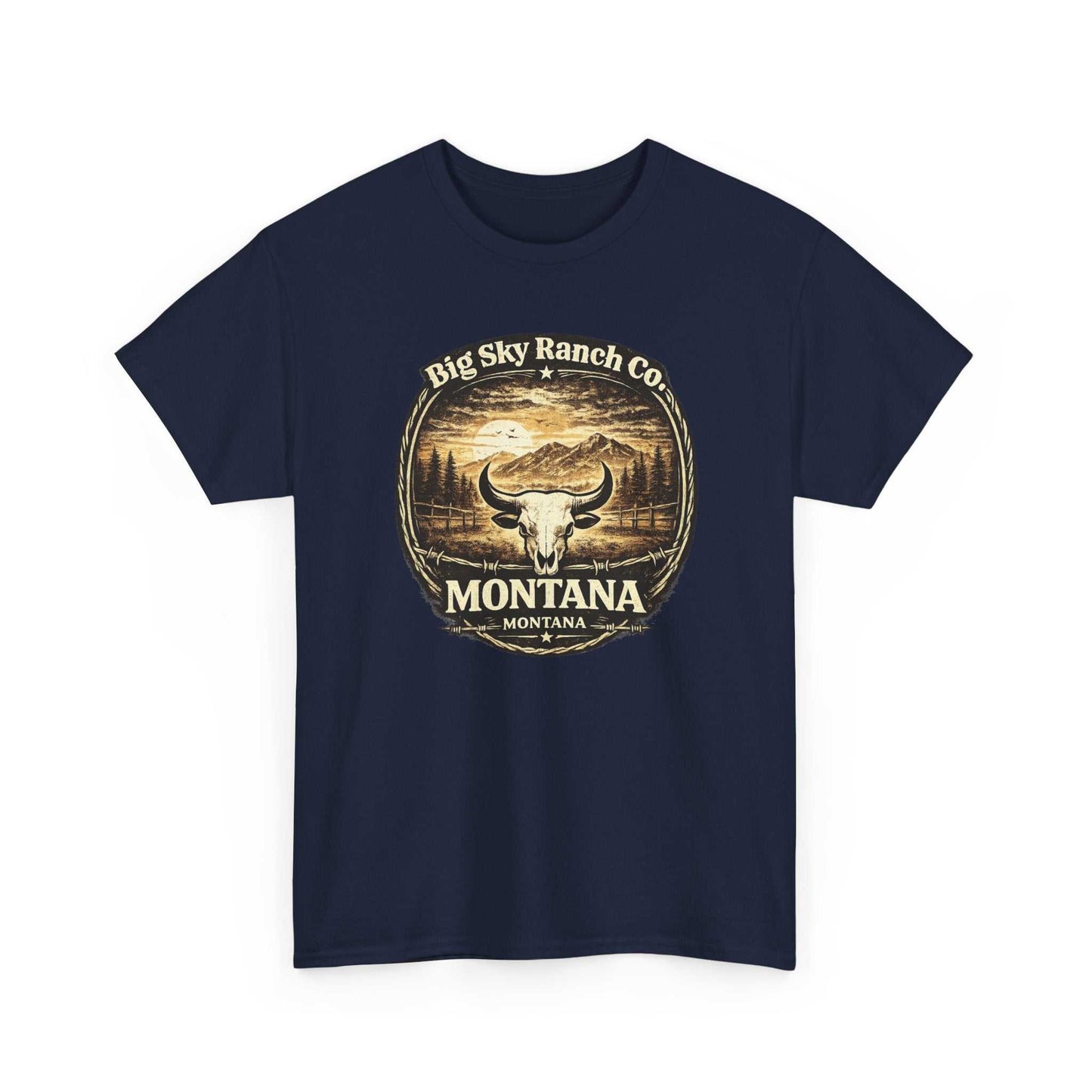 Big Sky Ranch Co. Montana Ranch Co. T-shirt featuring a bold bull skull graphic on a casual cotton tee.
