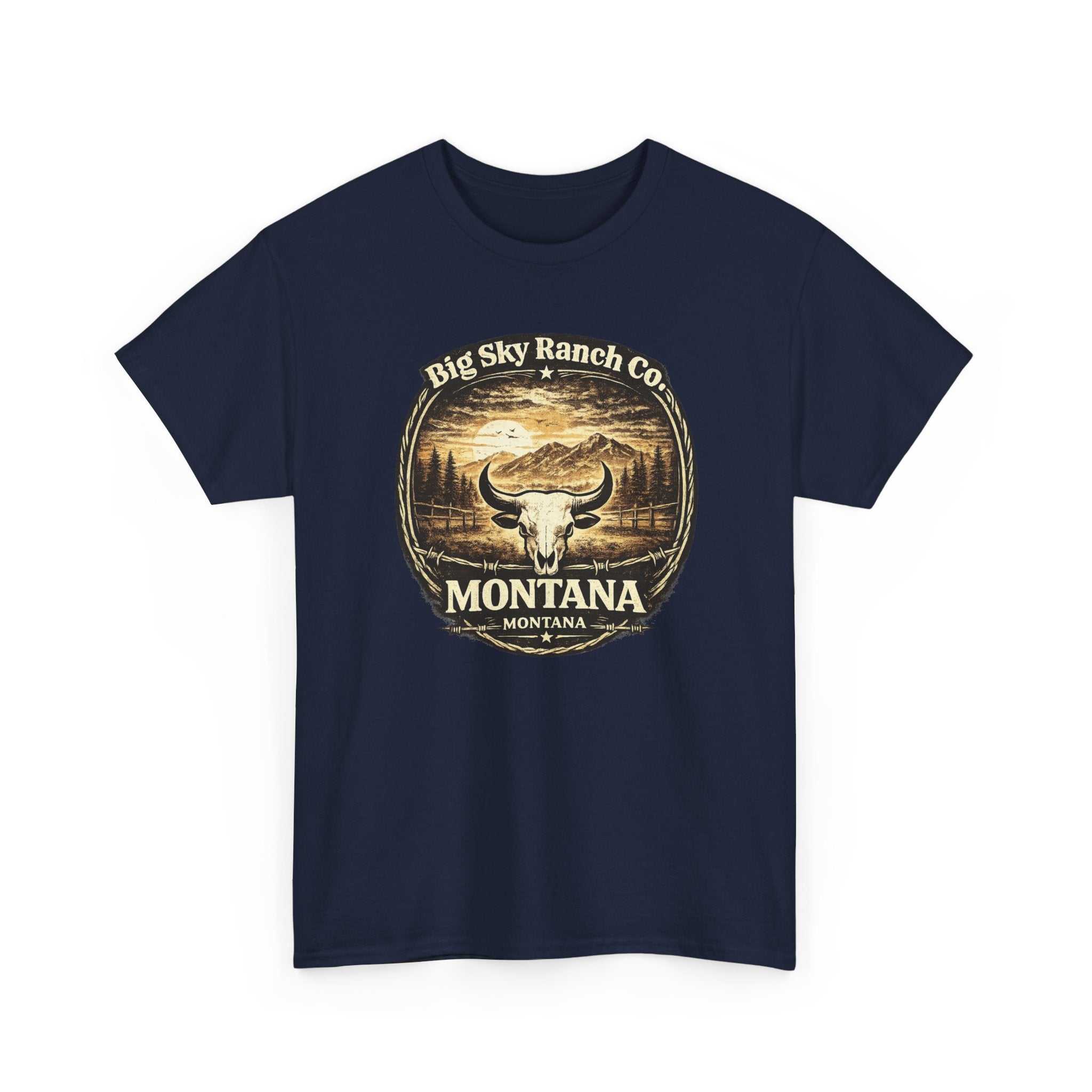 Big Sky Ranch Co. Montana Ranch Co. T-shirt featuring a bold bull skull graphic on a casual cotton tee.