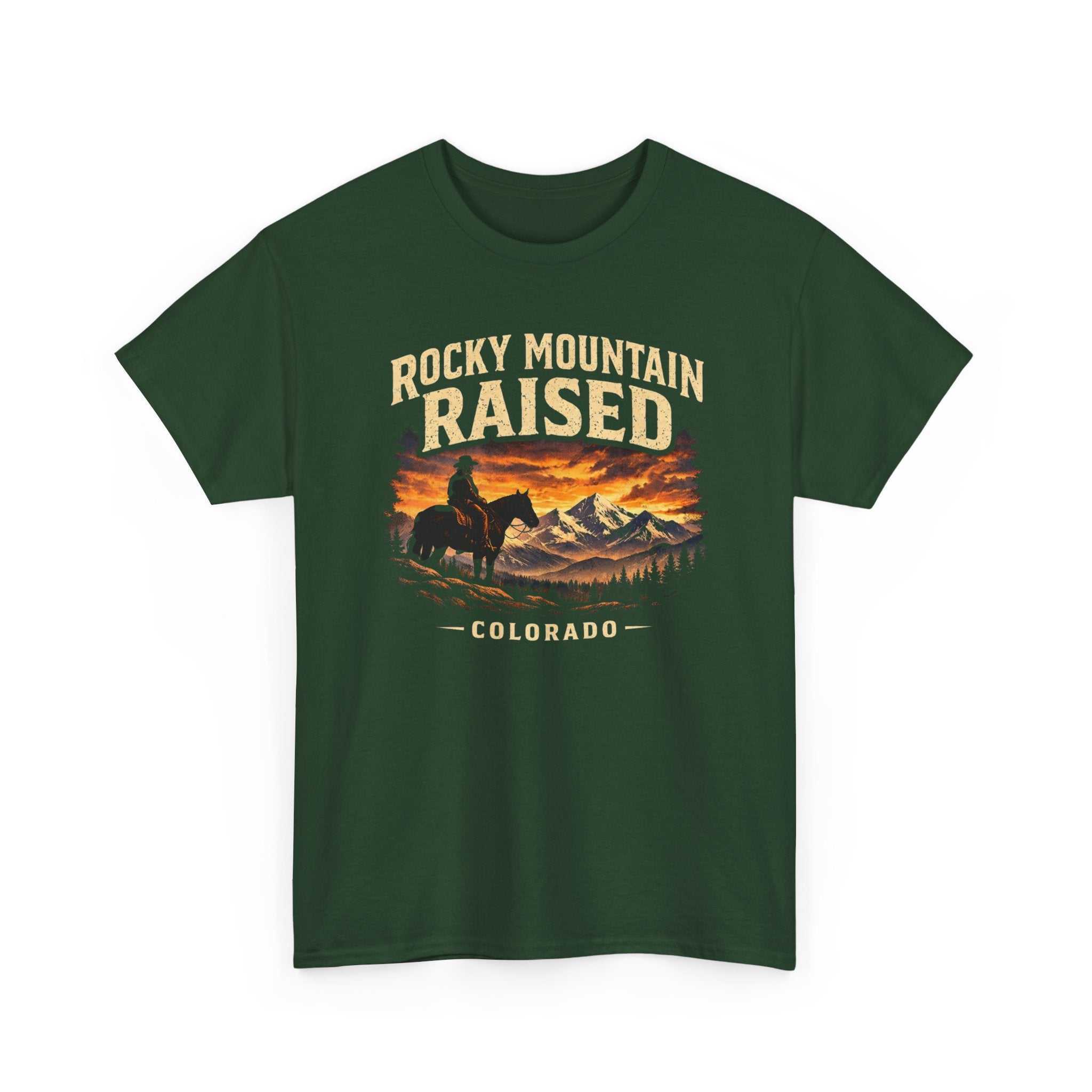 Western cowboy sunset Rocky Mountain T-shirt by Big Sky Ranch Co., featuring mountain and sunset design on a casual tee.