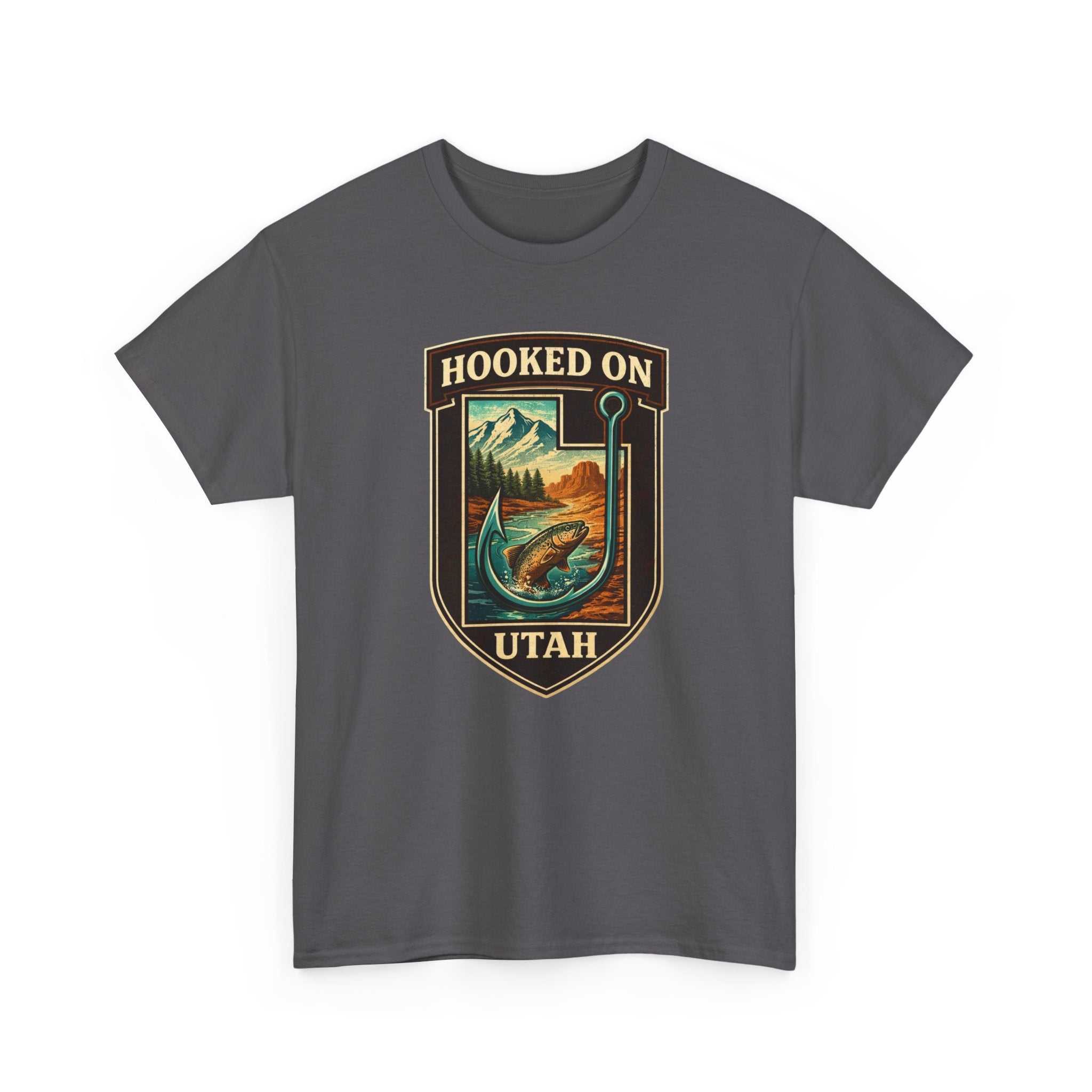 Vintage outdoors fly fishing T-shirt by Big Sky Ranch Co. featuring a hooked on Utah fishing design, perfect for anglers and outdoor lovers.