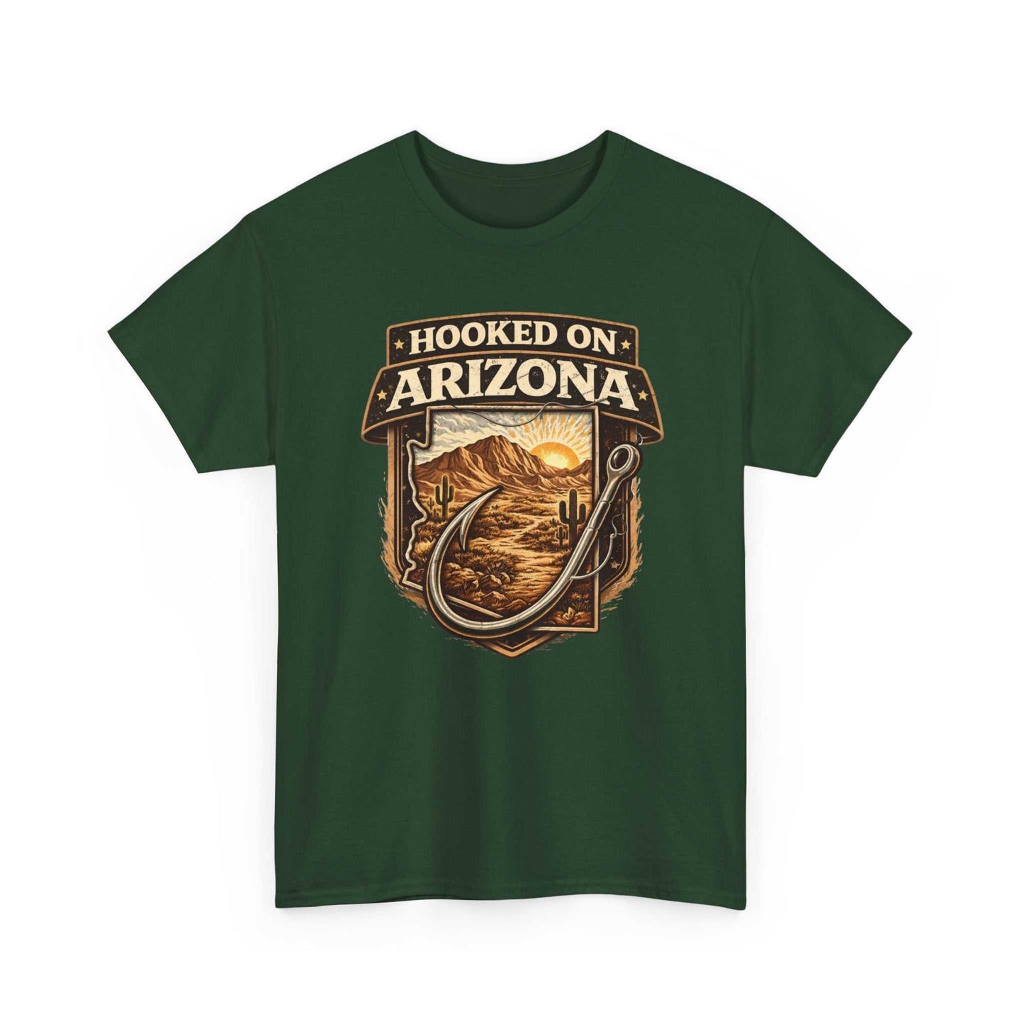Vintage outdoors angler T-shirt featuring Hooked on Arizona fishing design by Big Sky Ranch Co.