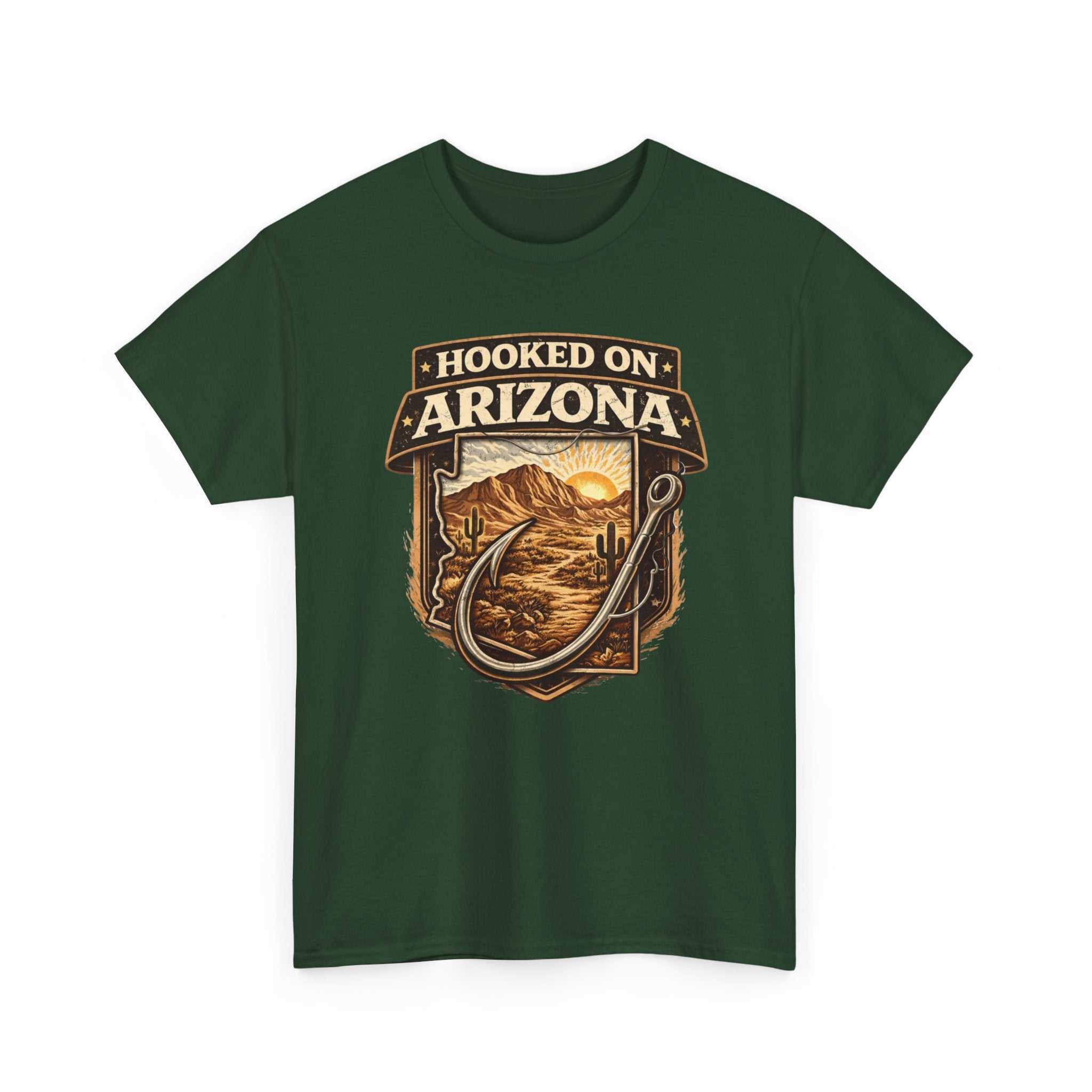 Vintage outdoors angler T-shirt featuring Hooked on Arizona fishing design by Big Sky Ranch Co.