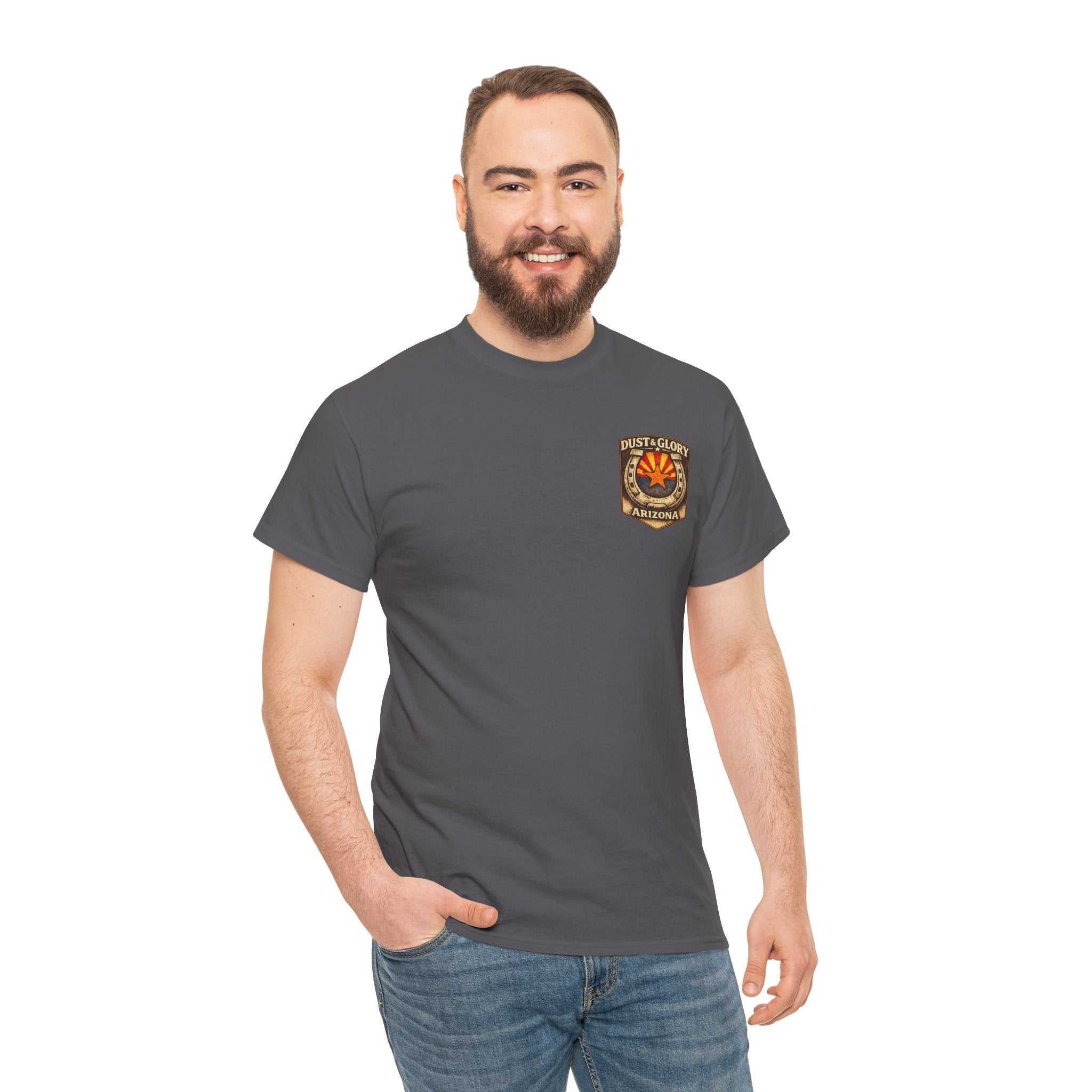 Arizona Desert Bighorn Ram T-Shirt by Big Sky Ranch Co. featuring a retro state badge and a detailed bighorn ram illustration.