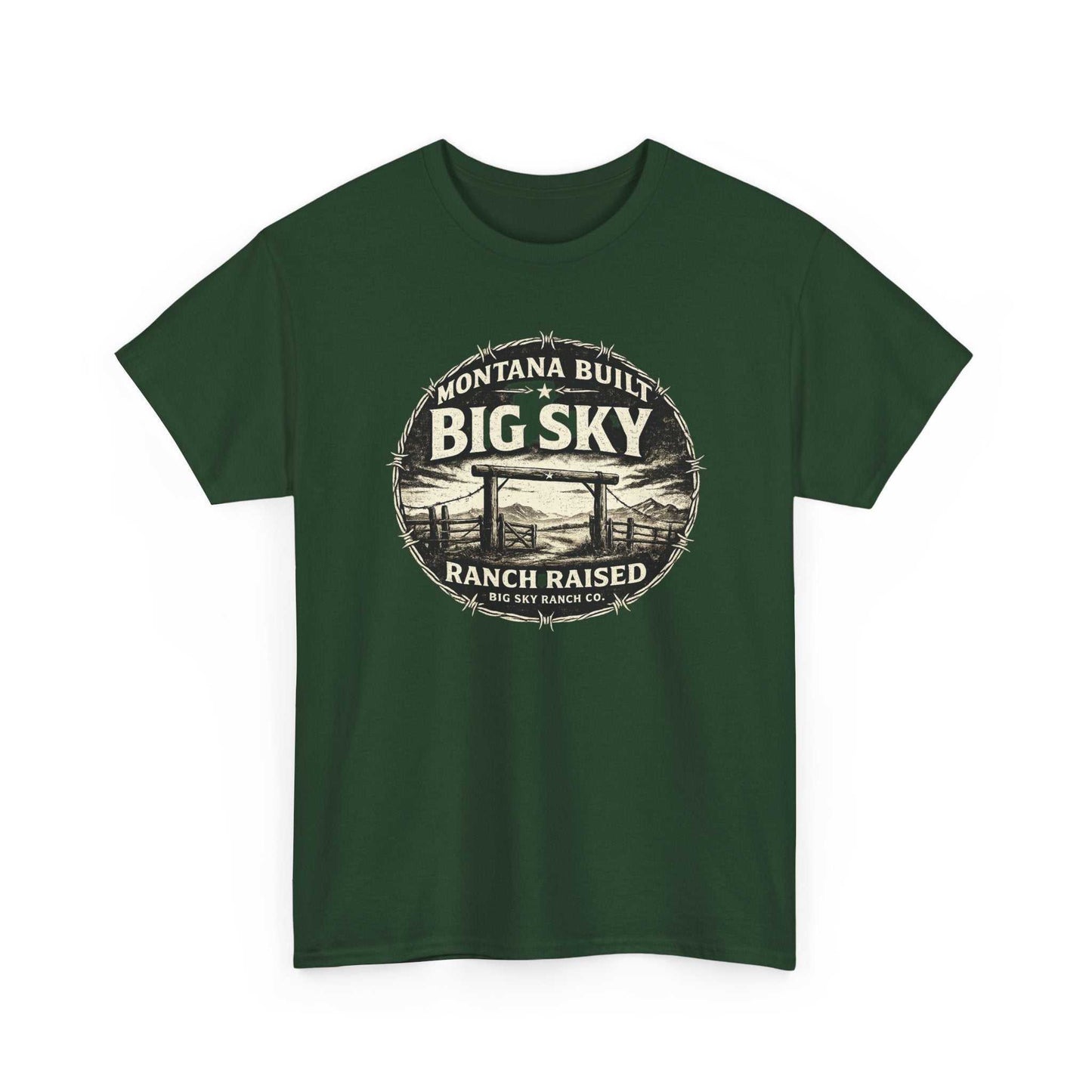 Big Sky Ranch Co. T-shirt with "Montana Built, Ranch Raised" graphic, showcasing a casual ranch-themed graphic tee.