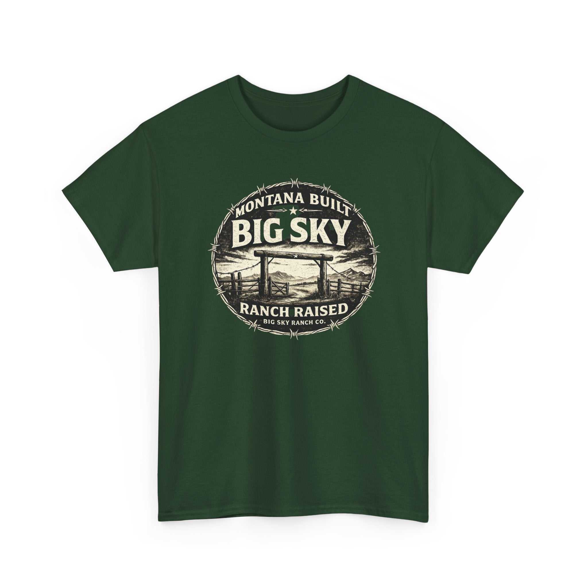 Big Sky Ranch Co. T-shirt with "Montana Built, Ranch Raised" graphic, showcasing a casual ranch-themed graphic tee.