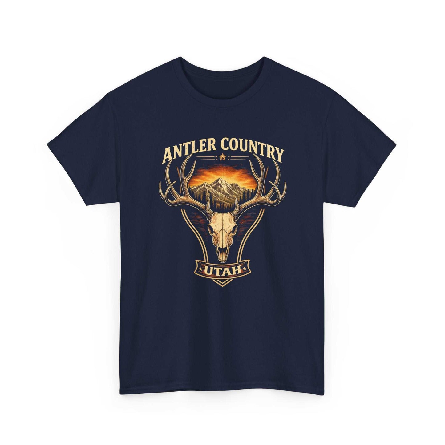 Vintage Utah deer skull mountain graphic T-shirt by Big Sky Ranch Co., featuring rustic forest and antler design.