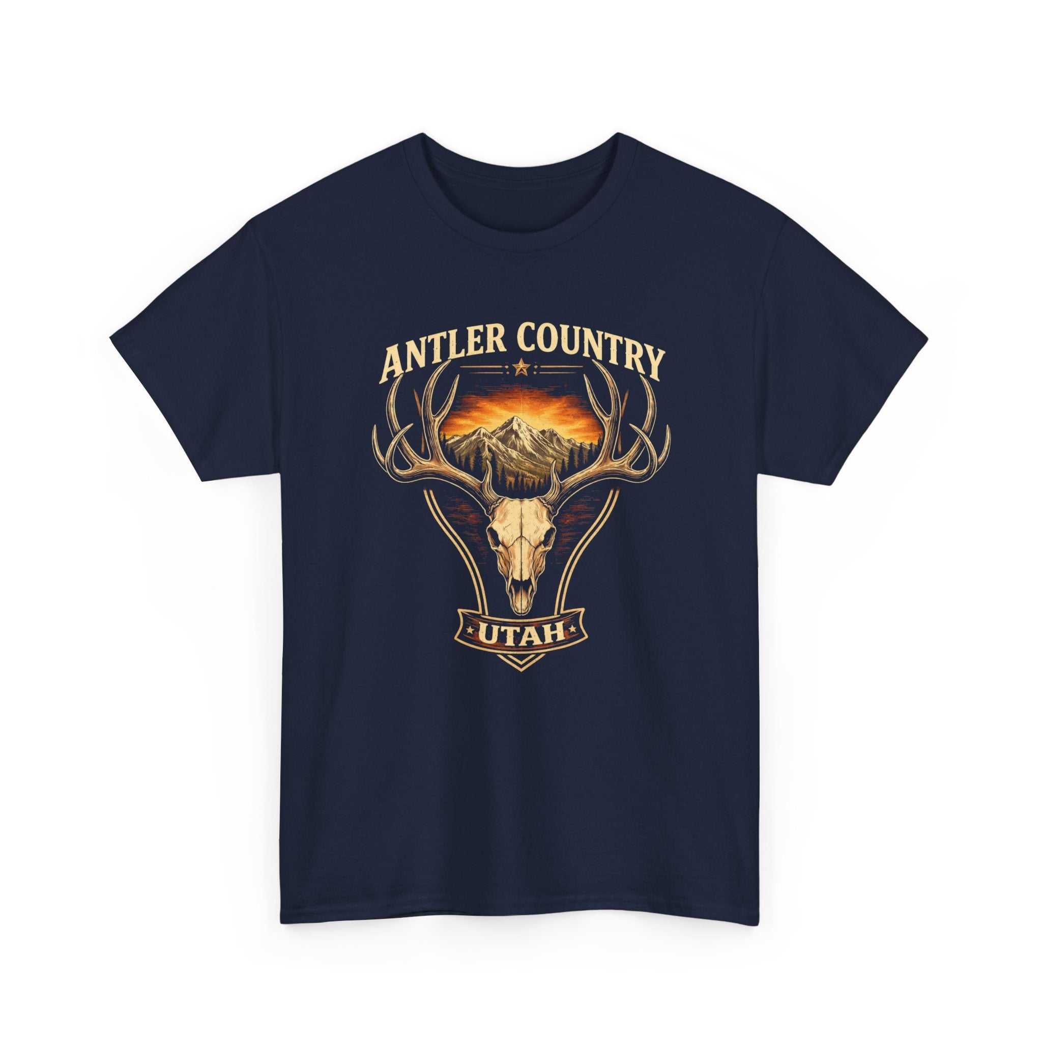 Vintage Utah deer skull mountain graphic T-shirt by Big Sky Ranch Co., featuring rustic forest and antler design.