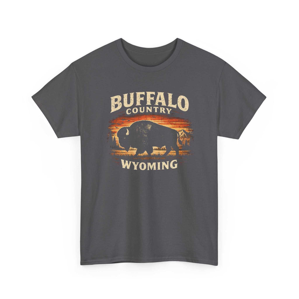 Buffalo Country Wyoming T-Shirt by Big Sky Ranch Co. featuring a Wyoming buffalo graphic on a casual cotton tee.