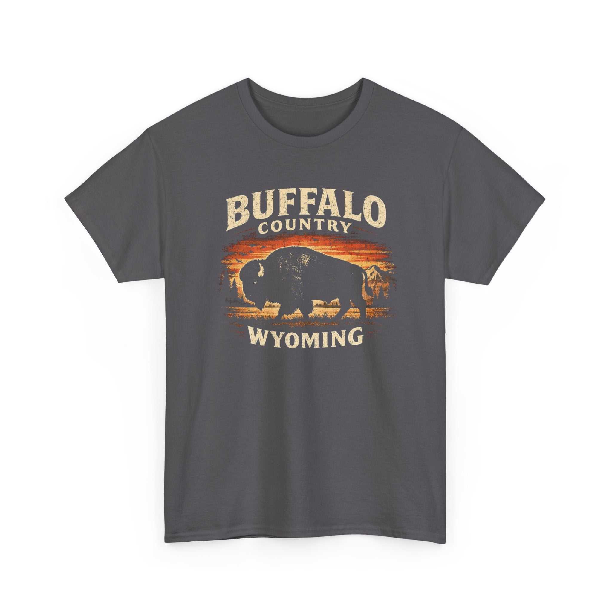 Buffalo Country Wyoming T-Shirt by Big Sky Ranch Co. featuring a Wyoming buffalo graphic on a casual cotton tee.