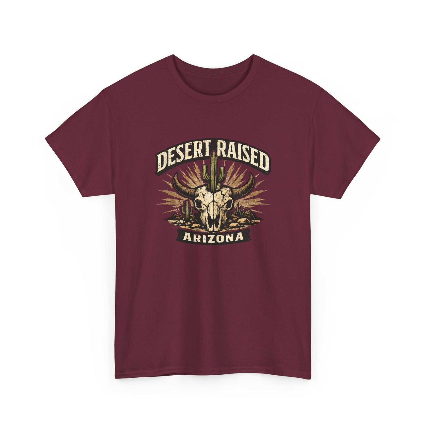 Desert Raised Arizona T-Shirt by Big Sky Ranch Co. featuring a southwestern skull and cactus graphic on a casual tee.