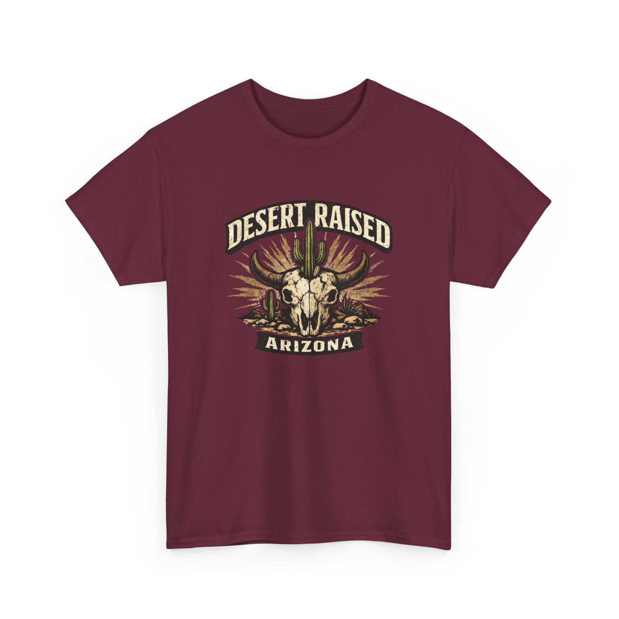 Desert Raised Arizona T-Shirt by Big Sky Ranch Co. featuring a southwestern skull and cactus graphic on a casual tee.