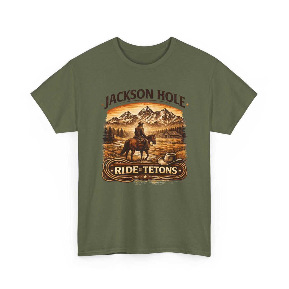Big Sky Ranch Co. Jackson Hole Ride Tetons T-Shirt featuring mountain and rodeo graphic on soft cotton fabric.