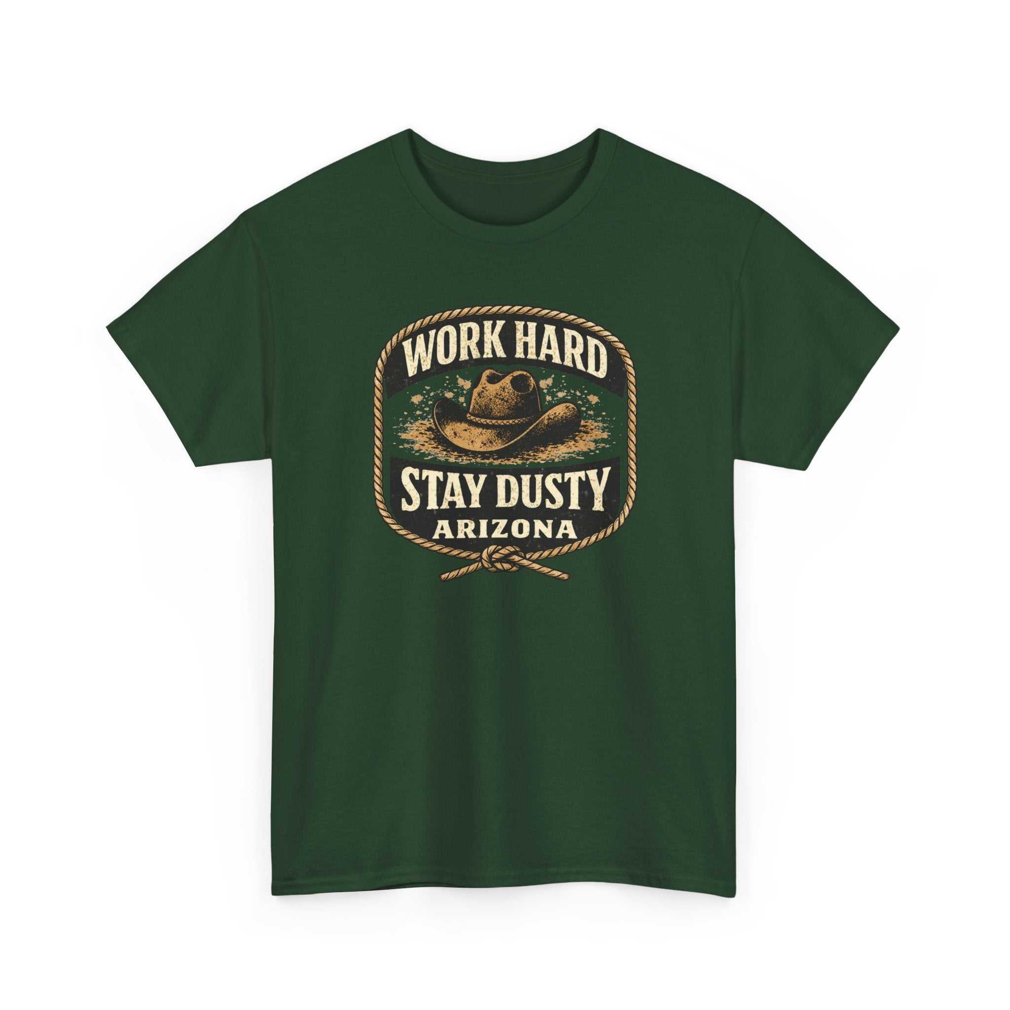 Vintage Arizona Work Hard Stay Dusty T-Shirt by Big Sky Ranch Co., featuring western cowboy design and casual fit.