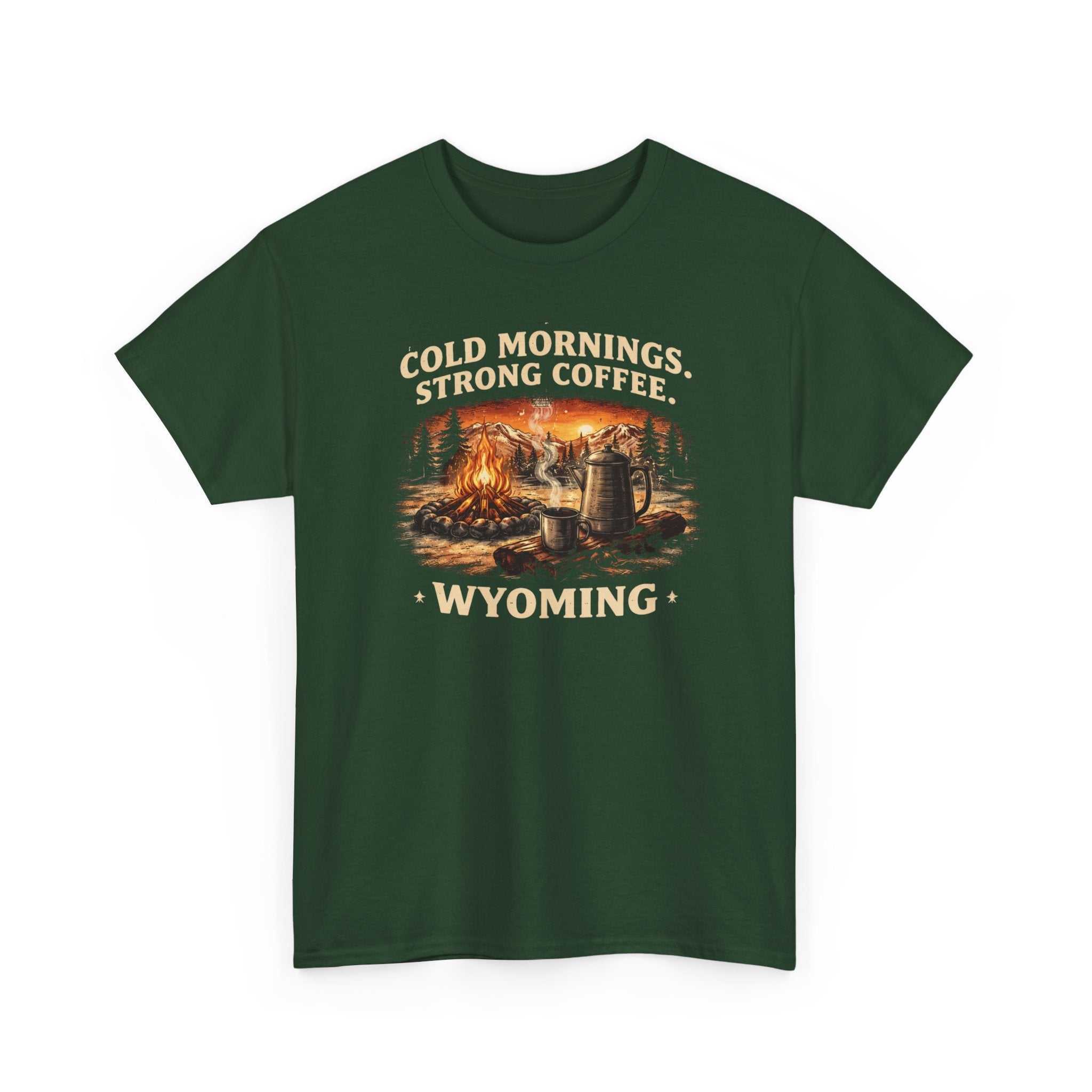 Wyoming Campfire T-Shirt by Big Sky Ranch Co. featuring outdoor graphic with "Cold Mornings, Strong Coffee" slogan on a casual tee.