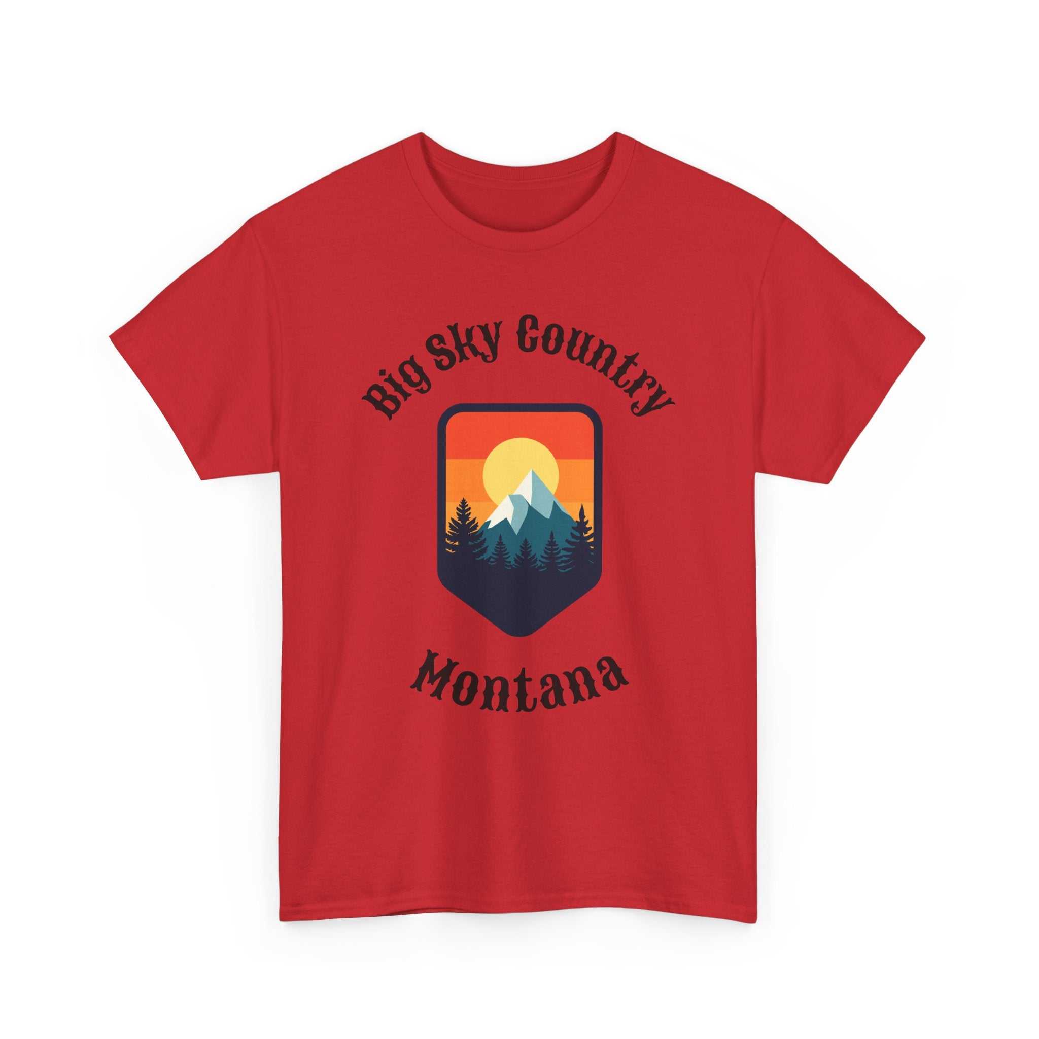 Montana Big Sky Ranch Co. T-Shirt with retro mountain sunset graphic, showcasing a vibrant outdoor landscape design.