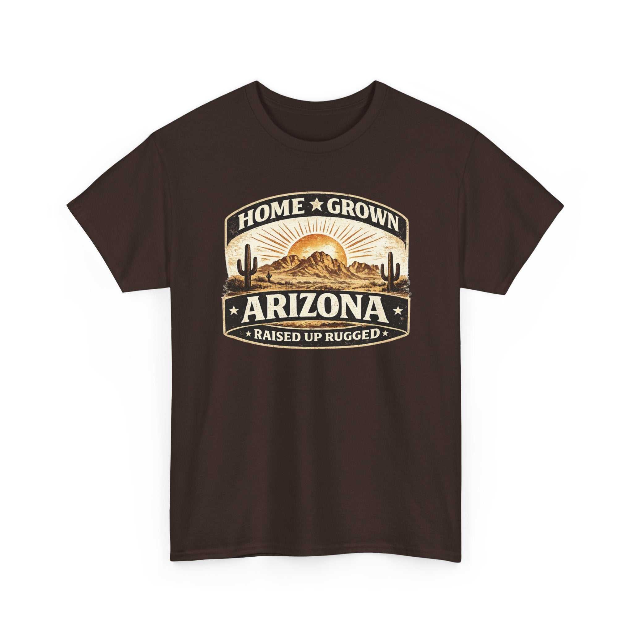 Big Sky Ranch Co. Arizona Home Grown T-Shirt with desert sunset design, featuring "Home Grown Arizona" text and rugged style.
