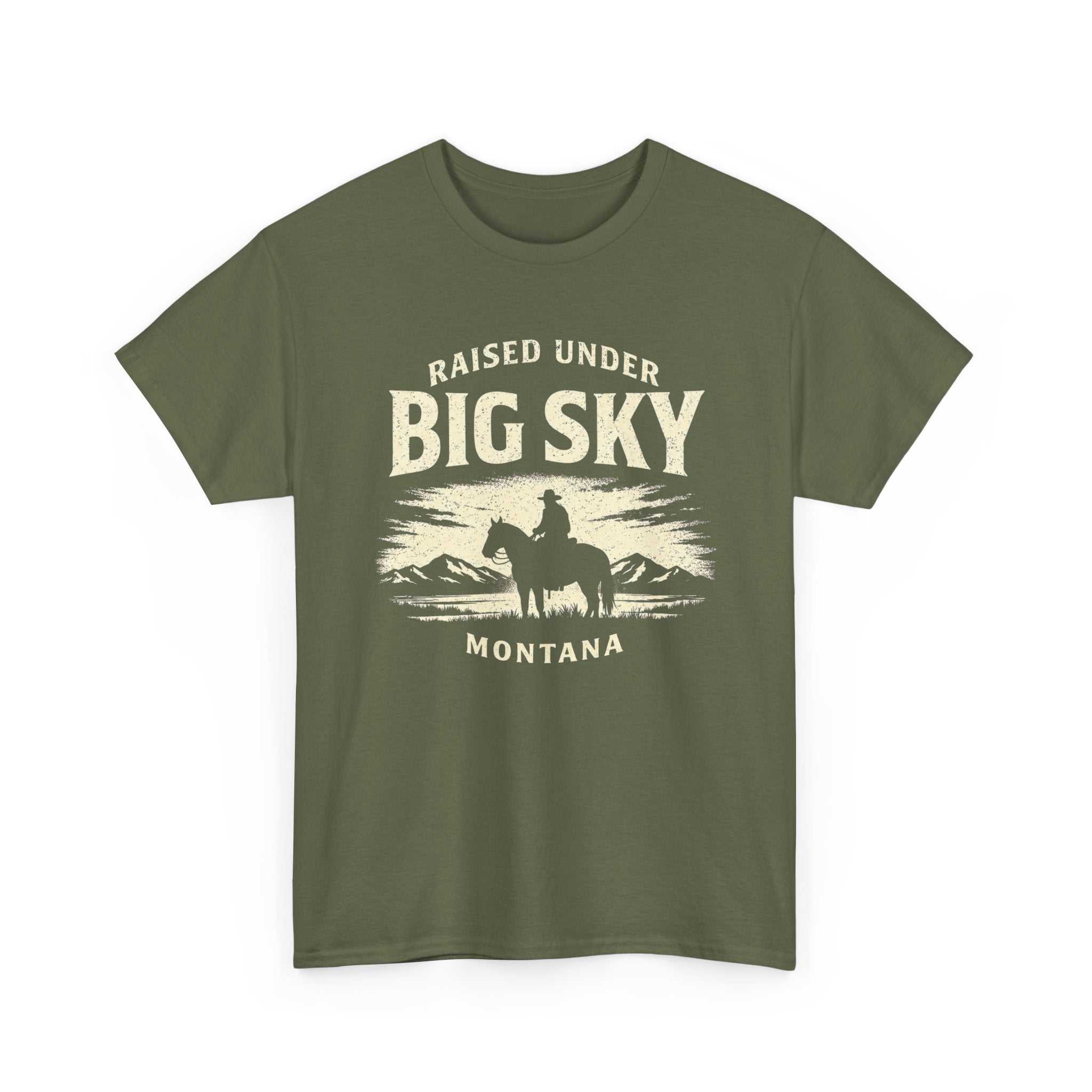 Raised Big Sky Montana T-Shirt by Big Sky Ranch Co. featuring a Western cowboy scenic graphic on a casual cotton tee.