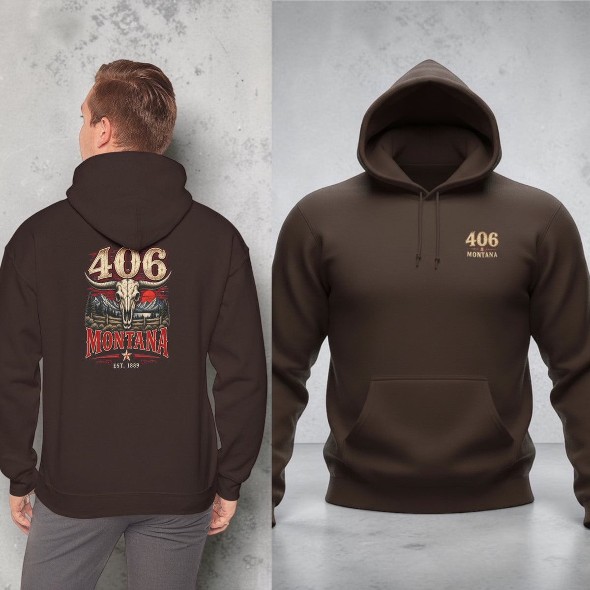 Montana 406 Hoodie – Rustic Skull & Mountain Graphic Hooded Sweatshirt