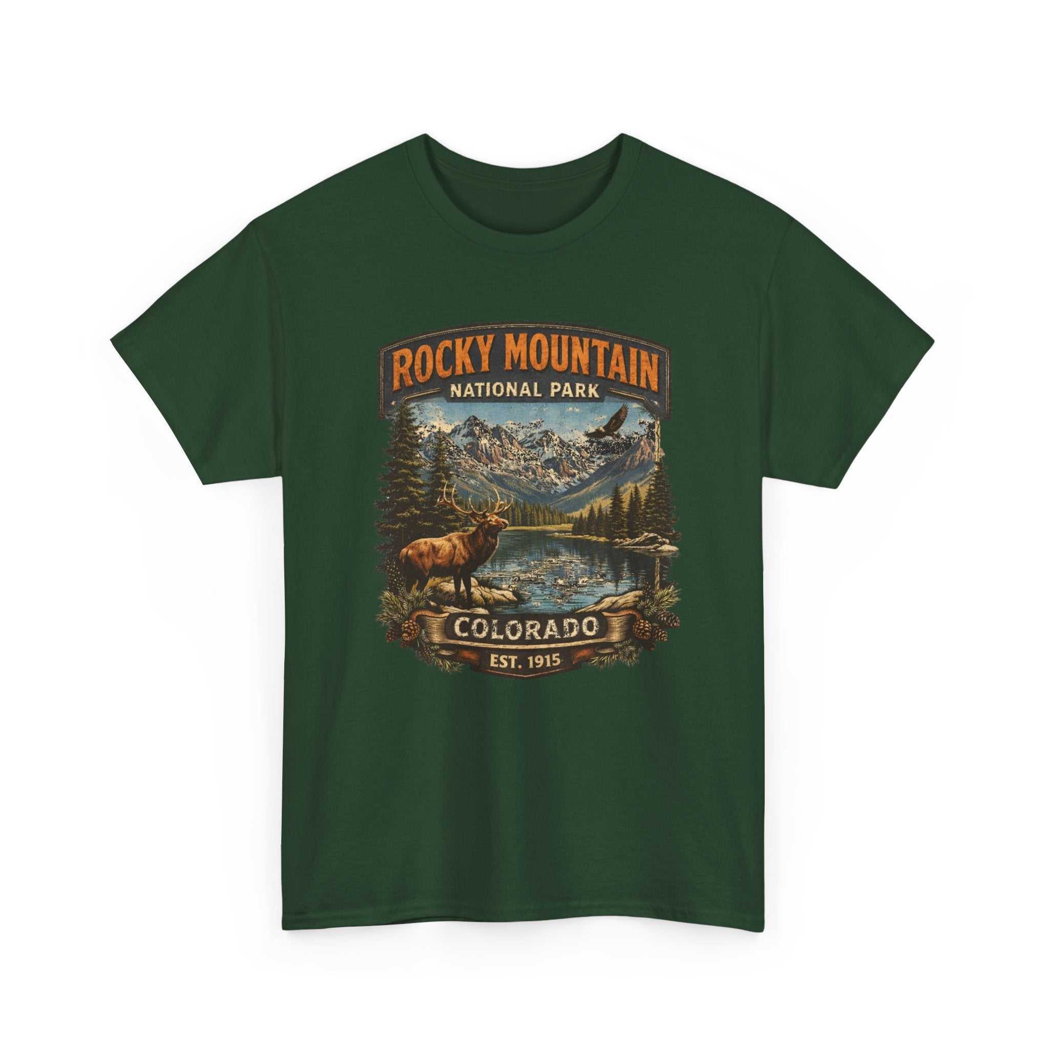 Big Sky Ranch Co. Rocky Mountain National Park Colorado graphic T-shirt with vintage outdoors elk design on front.