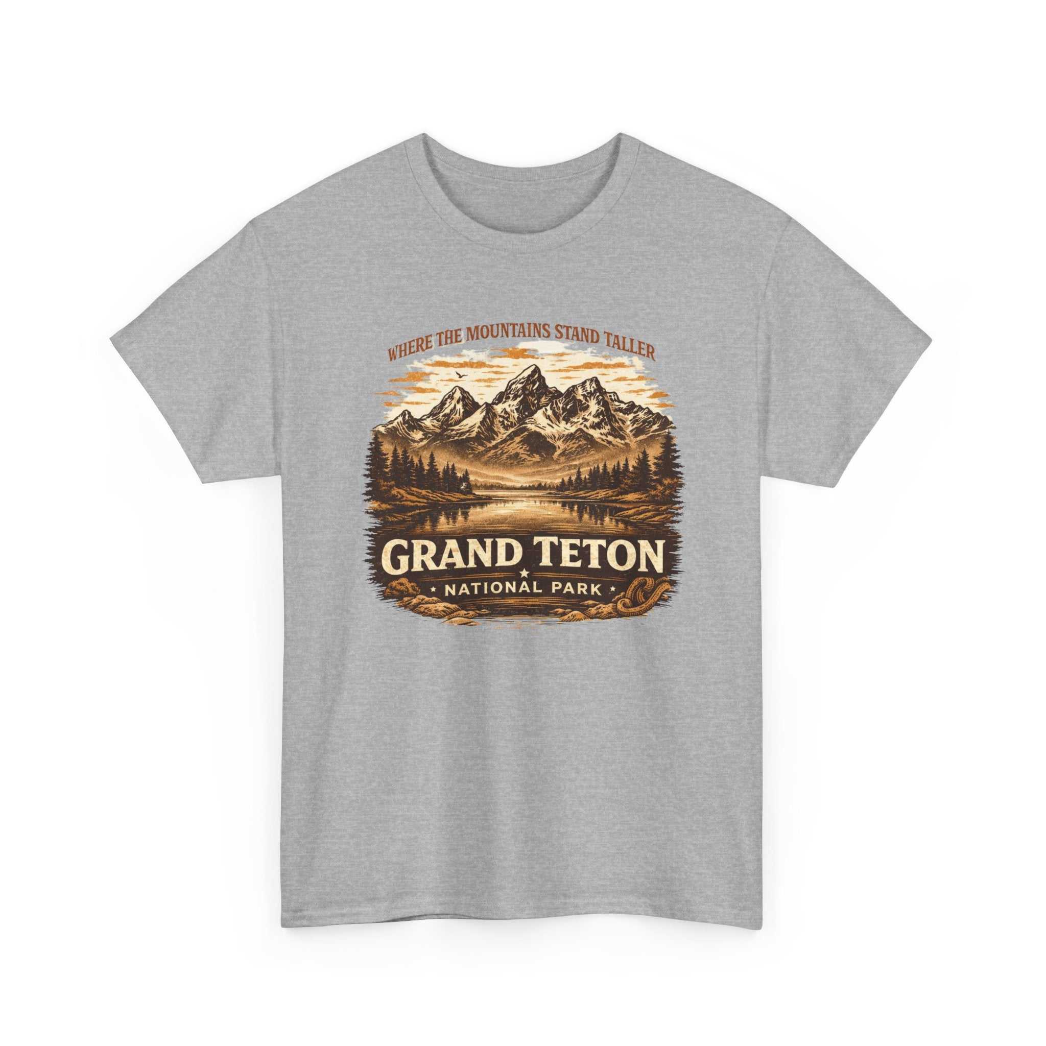 Vintage Grand Teton National Park T-Shirt by Big Sky Ranch Co. featuring mountain camping scene on soft fabric.