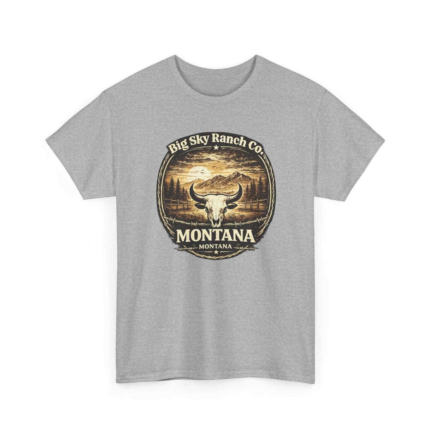 Big Sky Ranch Bull Skull graphic T-shirt from Montana Ranch Co., featuring a bold ranch-themed design on a casual tee.