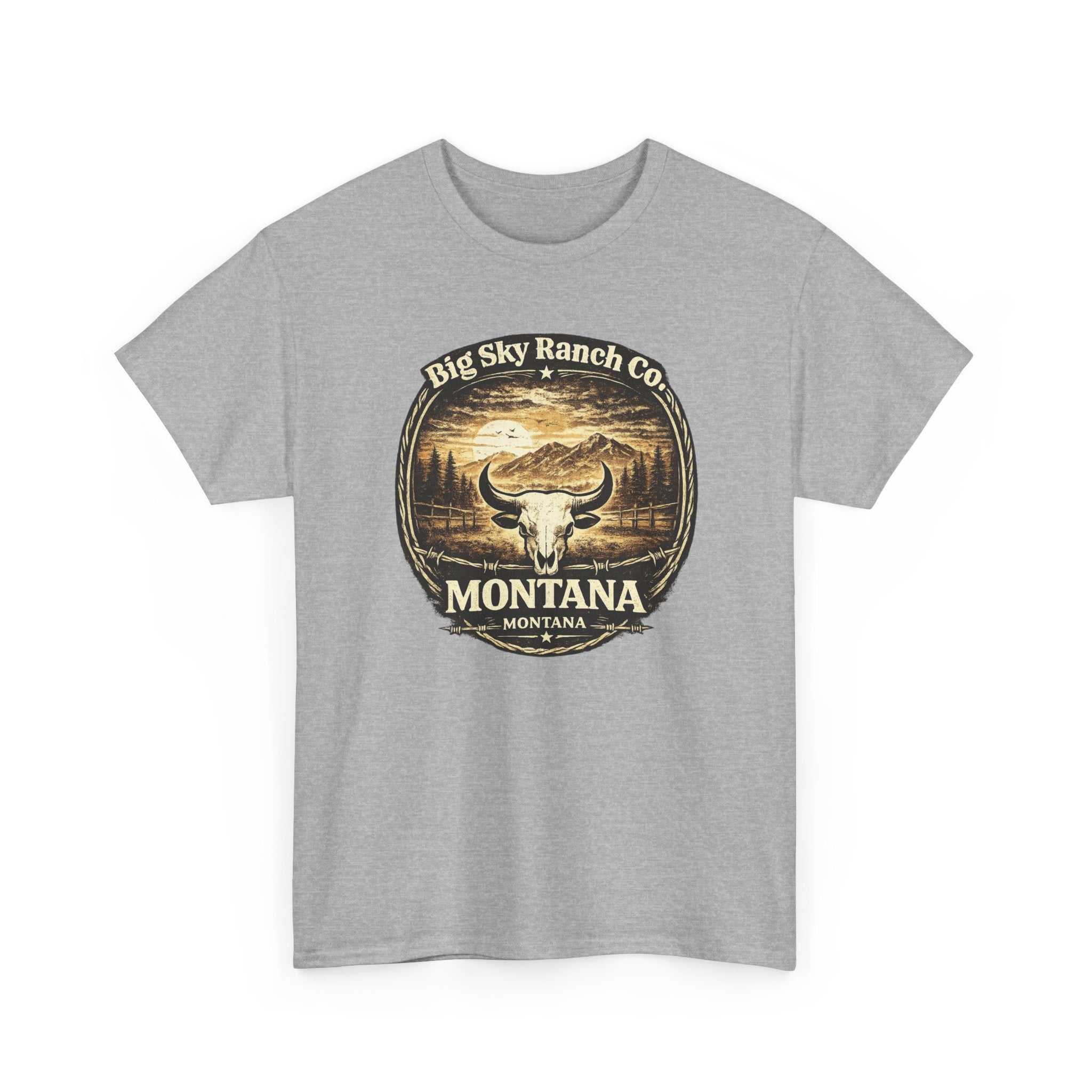 Big Sky Ranch Bull Skull graphic T-shirt from Montana Ranch Co., featuring a bold ranch-themed design on a casual tee.