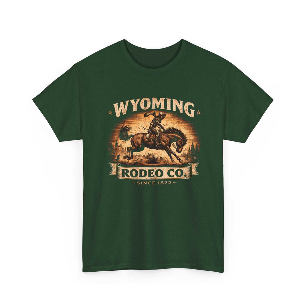 Big Sky Ranch Co. Wyoming Rodeo Co. vintage bucking bronco T-shirt showcasing a rugged rodeo design in classic style.