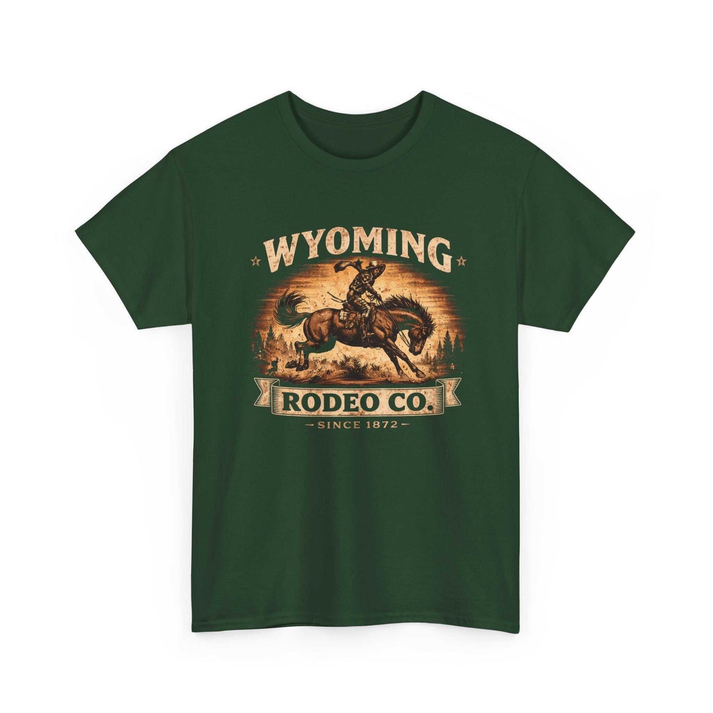 Big Sky Ranch Co. Wyoming Rodeo Co. vintage bucking bronco T-shirt showcasing a rugged rodeo design in classic style.
