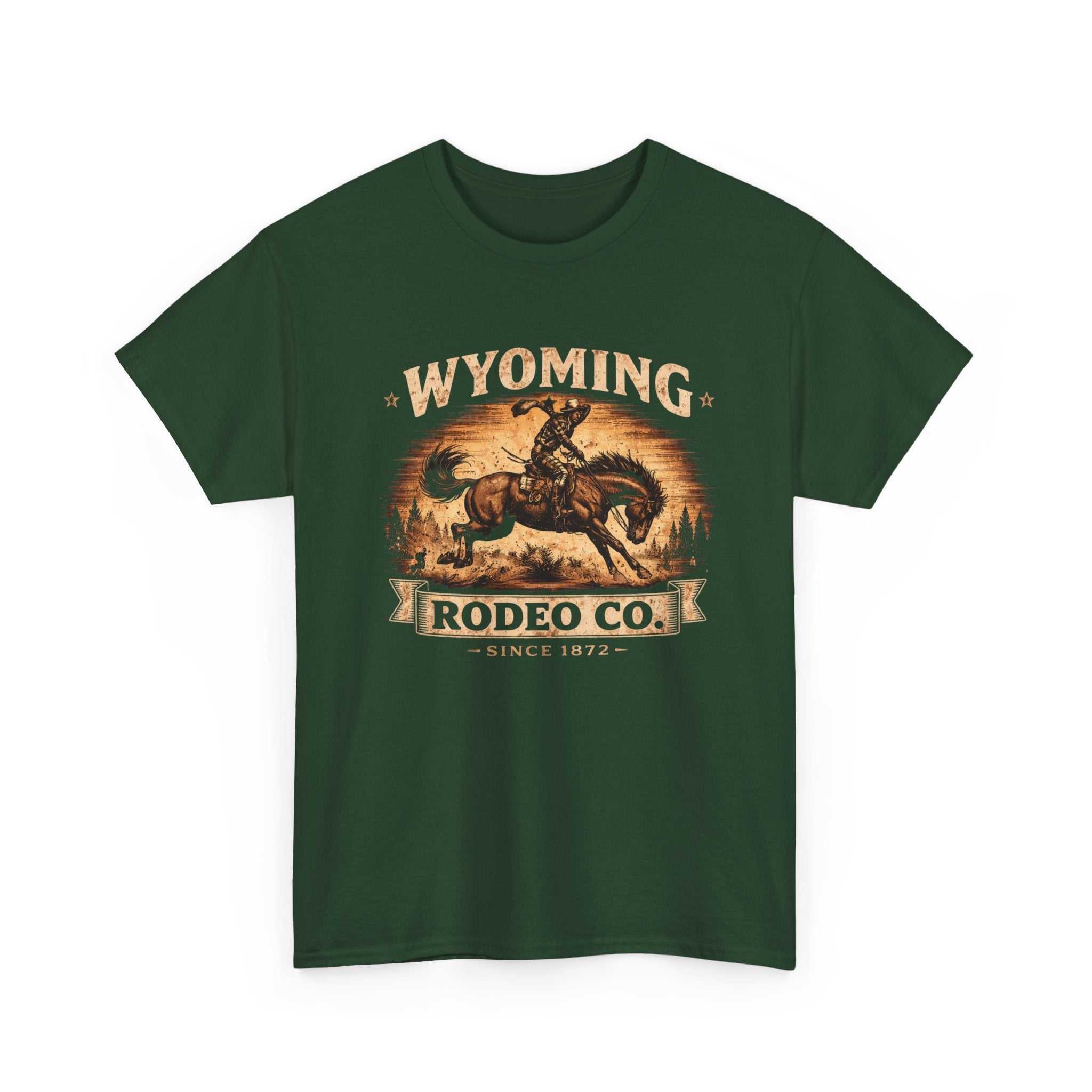 Big Sky Ranch Co. Wyoming Rodeo Co. vintage bucking bronco T-shirt showcasing a rugged rodeo design in classic style.