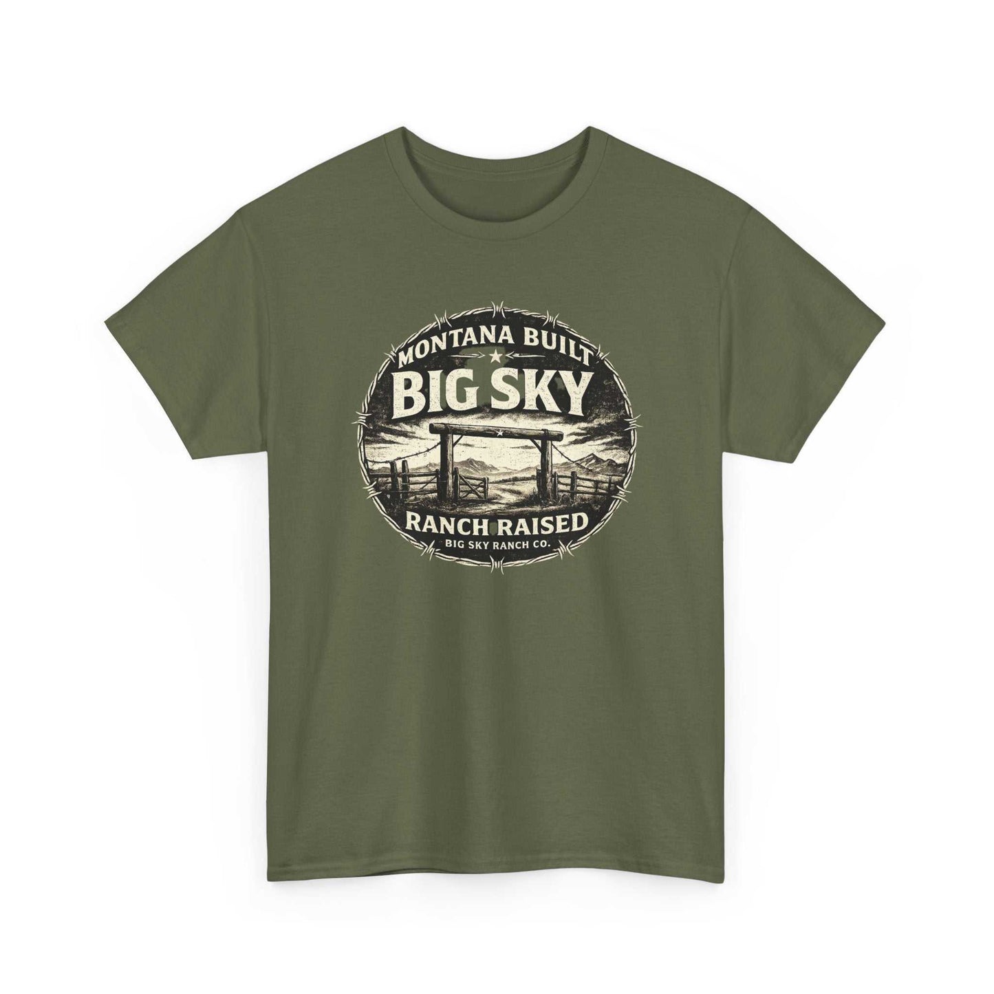 Big Sky Ranch Co. Montana Built, Ranch Raised graphic T-shirt featuring outdoor and ranch-inspired design on soft cotton fabric.
