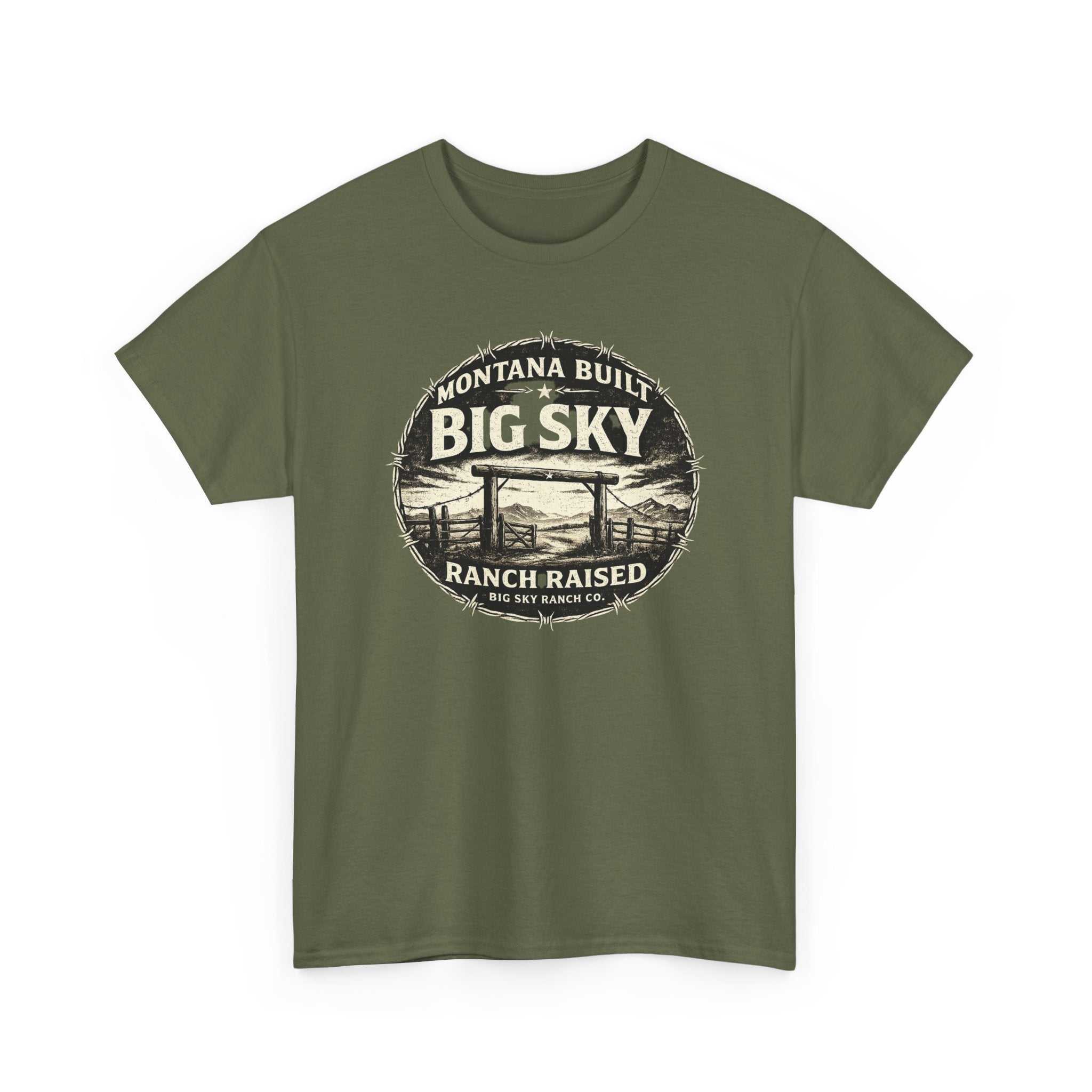 Big Sky Ranch Co. Montana Built, Ranch Raised graphic T-shirt featuring outdoor and ranch-inspired design on soft cotton fabric.