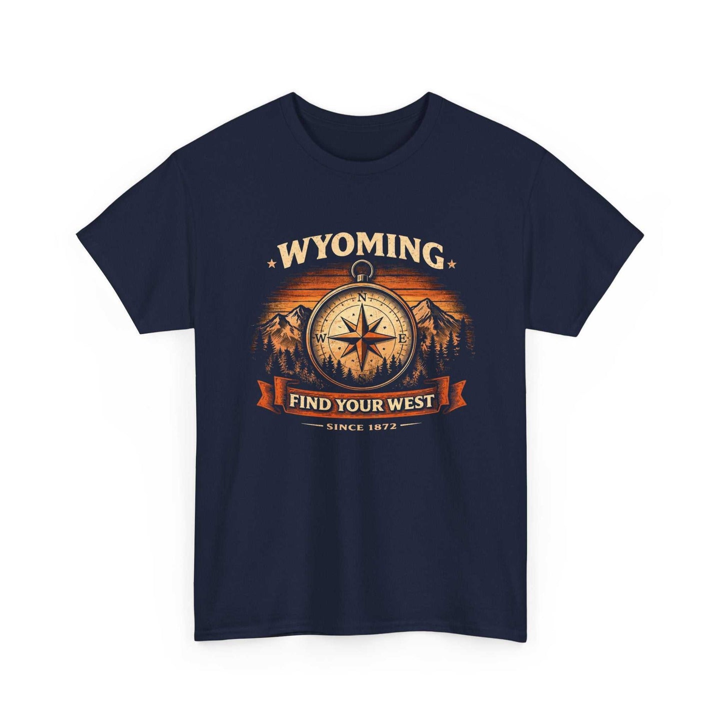 Vintage Wyoming Compass T-Shirt by Big Sky Ranch Co., featuring a western compass design and "Find Your West" slogan.