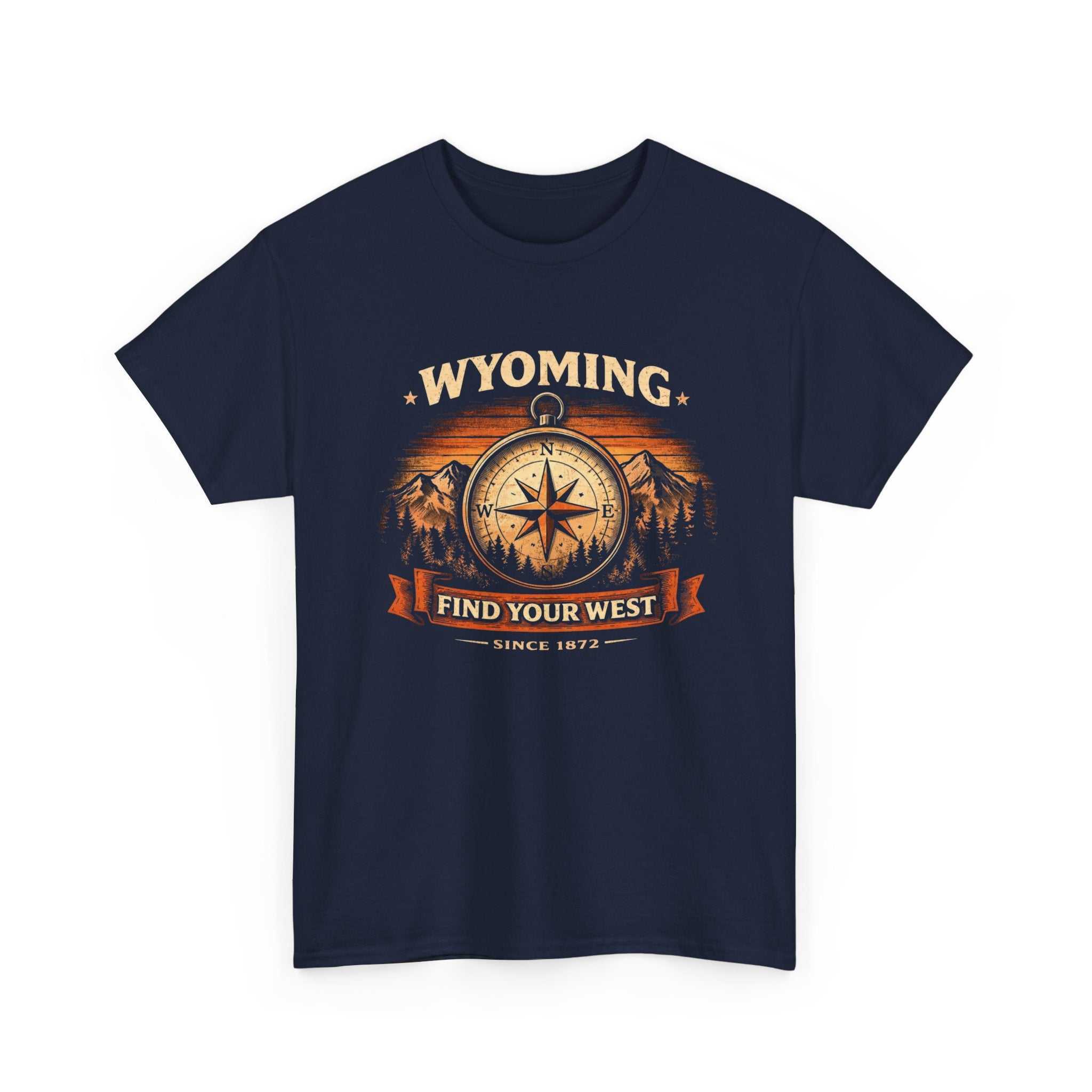 Vintage Wyoming Compass T-Shirt by Big Sky Ranch Co., featuring a western compass design and "Find Your West" slogan.