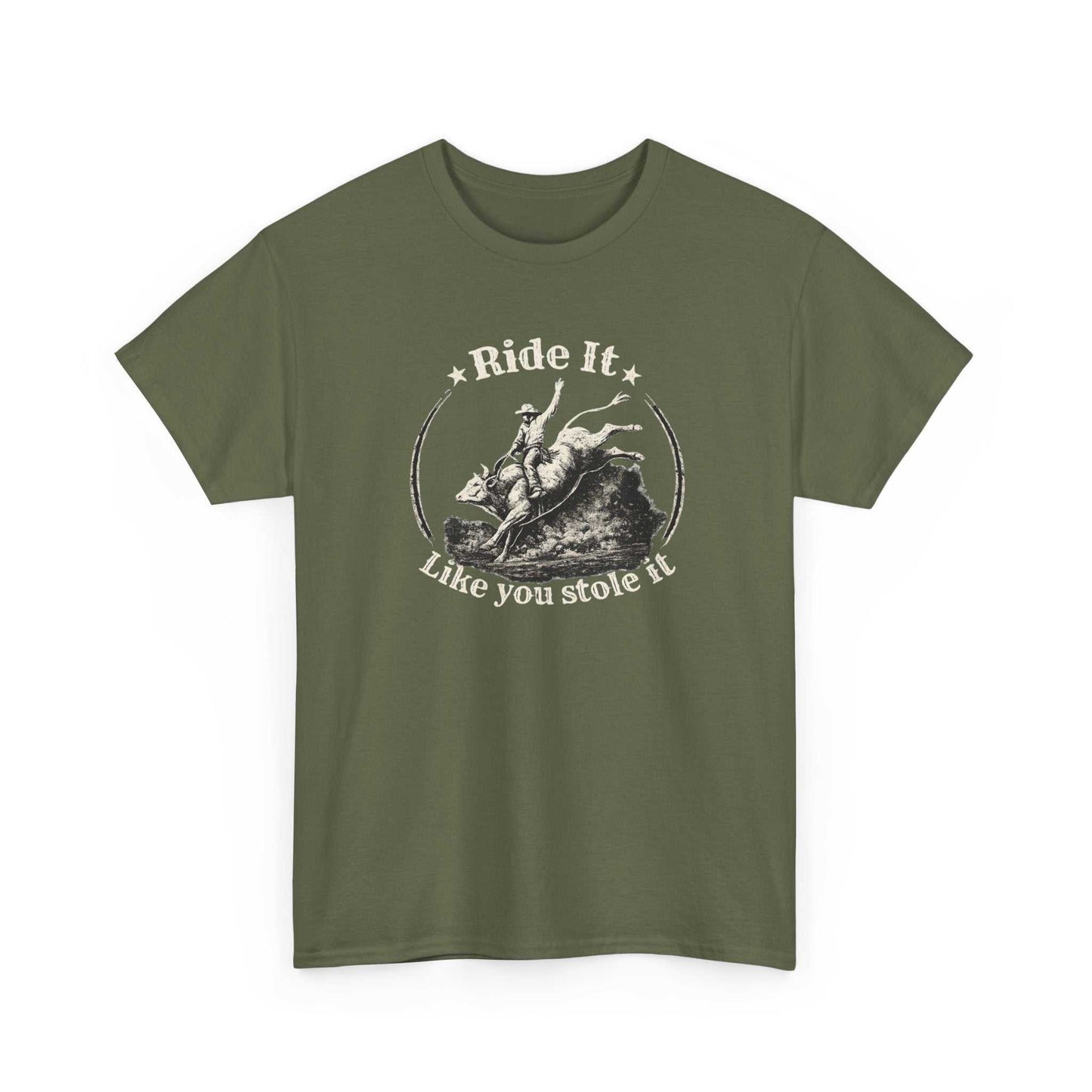 Vintage rodeo graphic T-shirt by Big Sky Ranch Co. with "Ride It Like You Stole It" design, casual fit, and classic style.