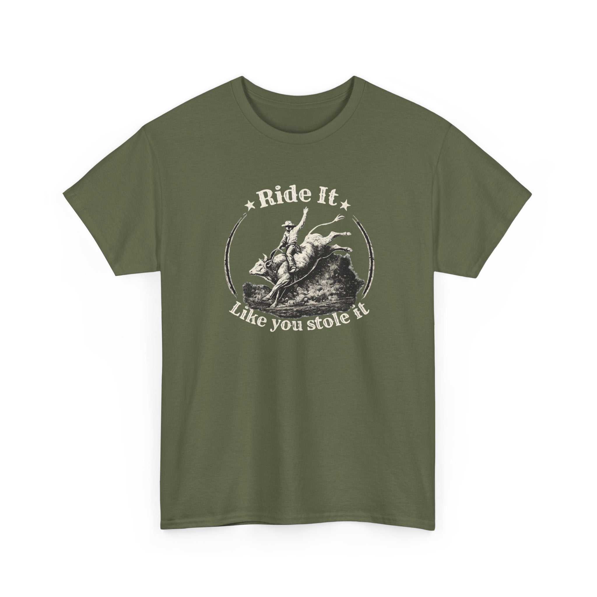Vintage rodeo graphic T-shirt by Big Sky Ranch Co. with "Ride It Like You Stole It" design, casual fit, and classic style.