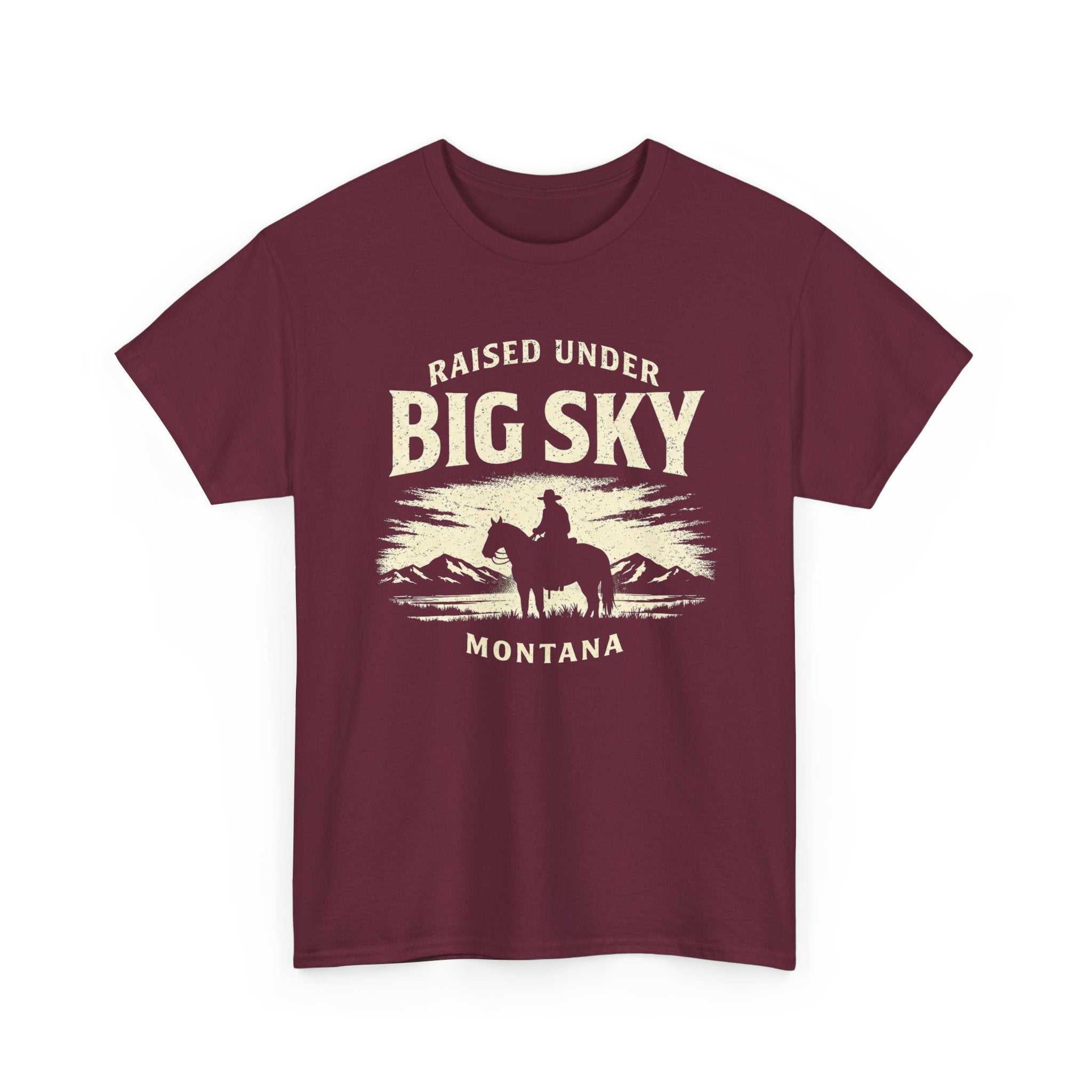 Big Sky Ranch Co. Western cowboy scenic graphic T-shirt featuring a raised under Big Sky Montana design.