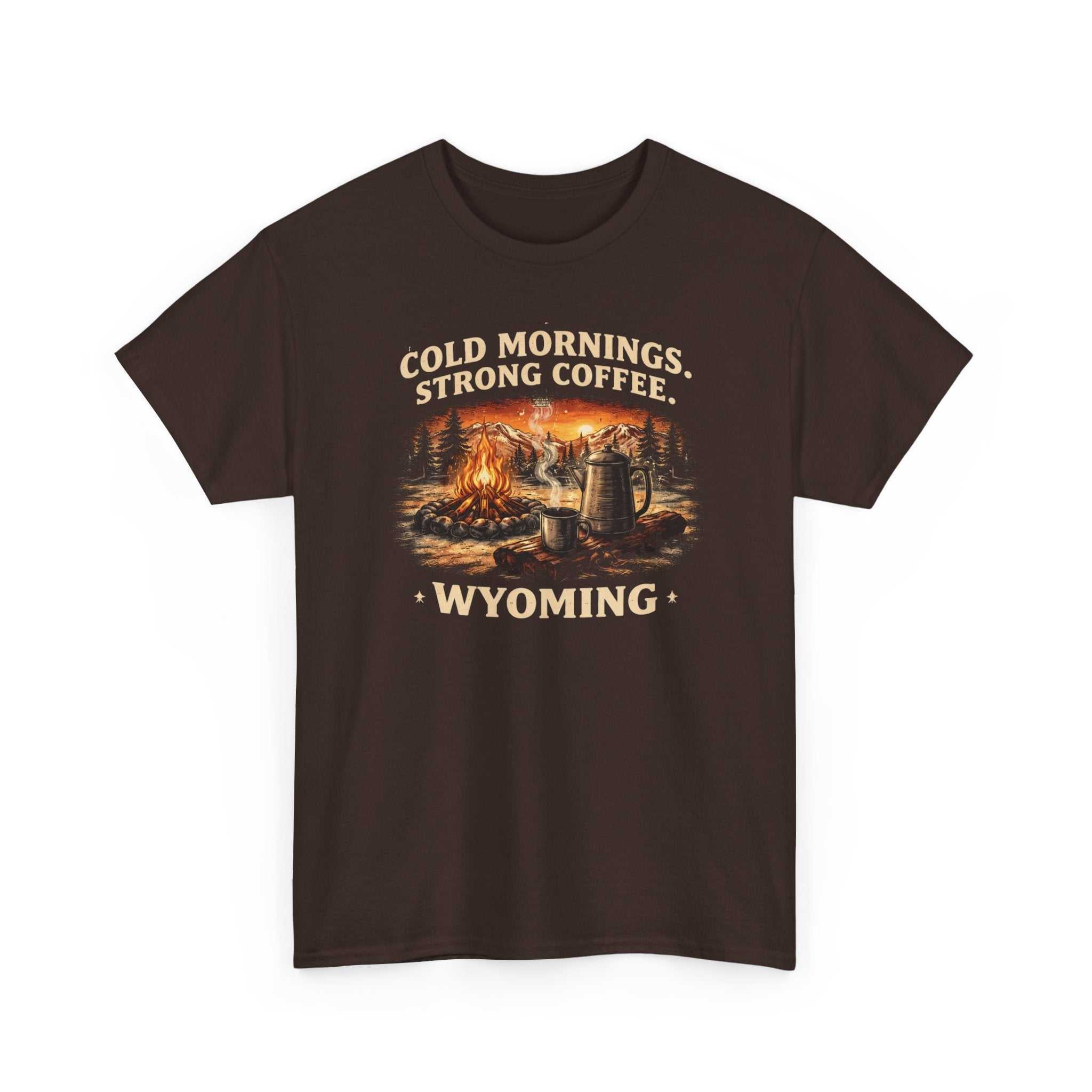 Big Sky Ranch Co. Wyoming Campfire T-Shirt with outdoor graphic design featuring "Cold Mornings, Strong Coffee" text.