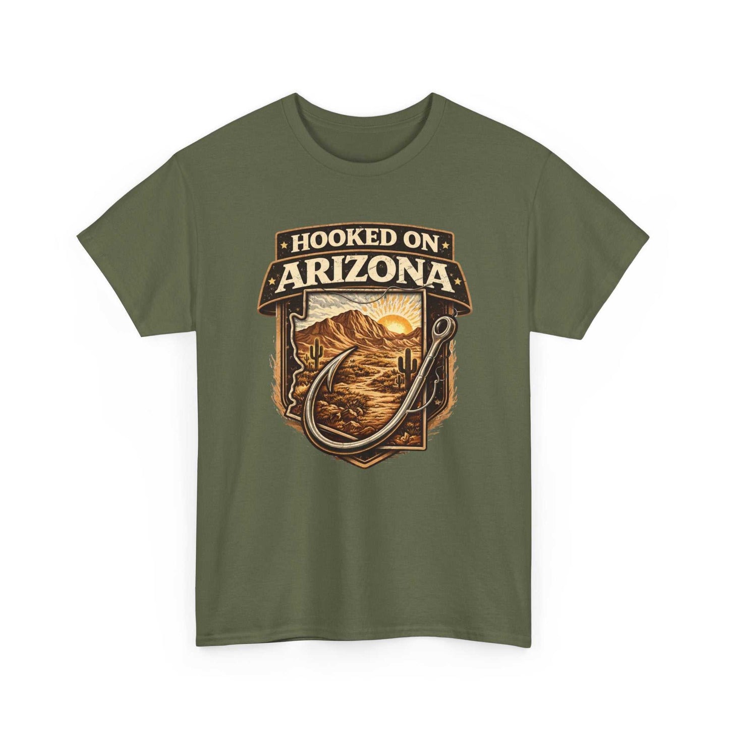 Vintage outdoors angler T-shirt by Big Sky Ranch Co. featuring a Hooked on Arizona fishing design on a casual cotton tee.