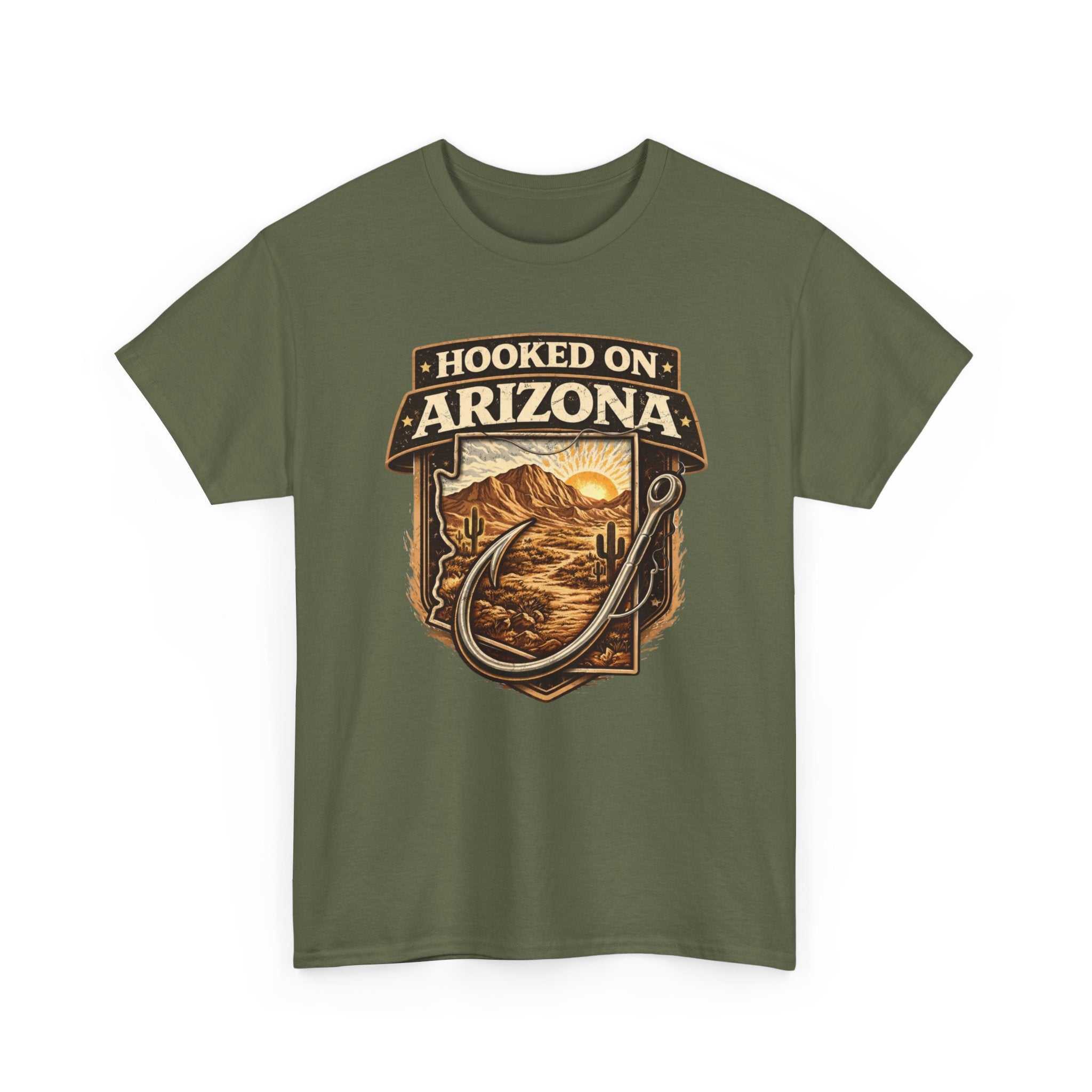 Vintage outdoors angler T-shirt by Big Sky Ranch Co. featuring a Hooked on Arizona fishing design on a casual cotton tee.